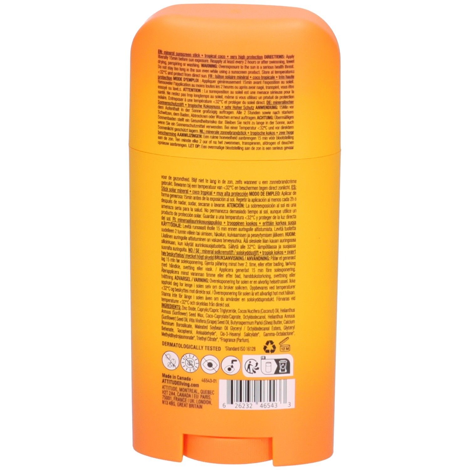 Arrière du ATTITUDE Stick écran solaire minéral SPF 50, Tropical Coco, 60g. Avec informations produit et logos.