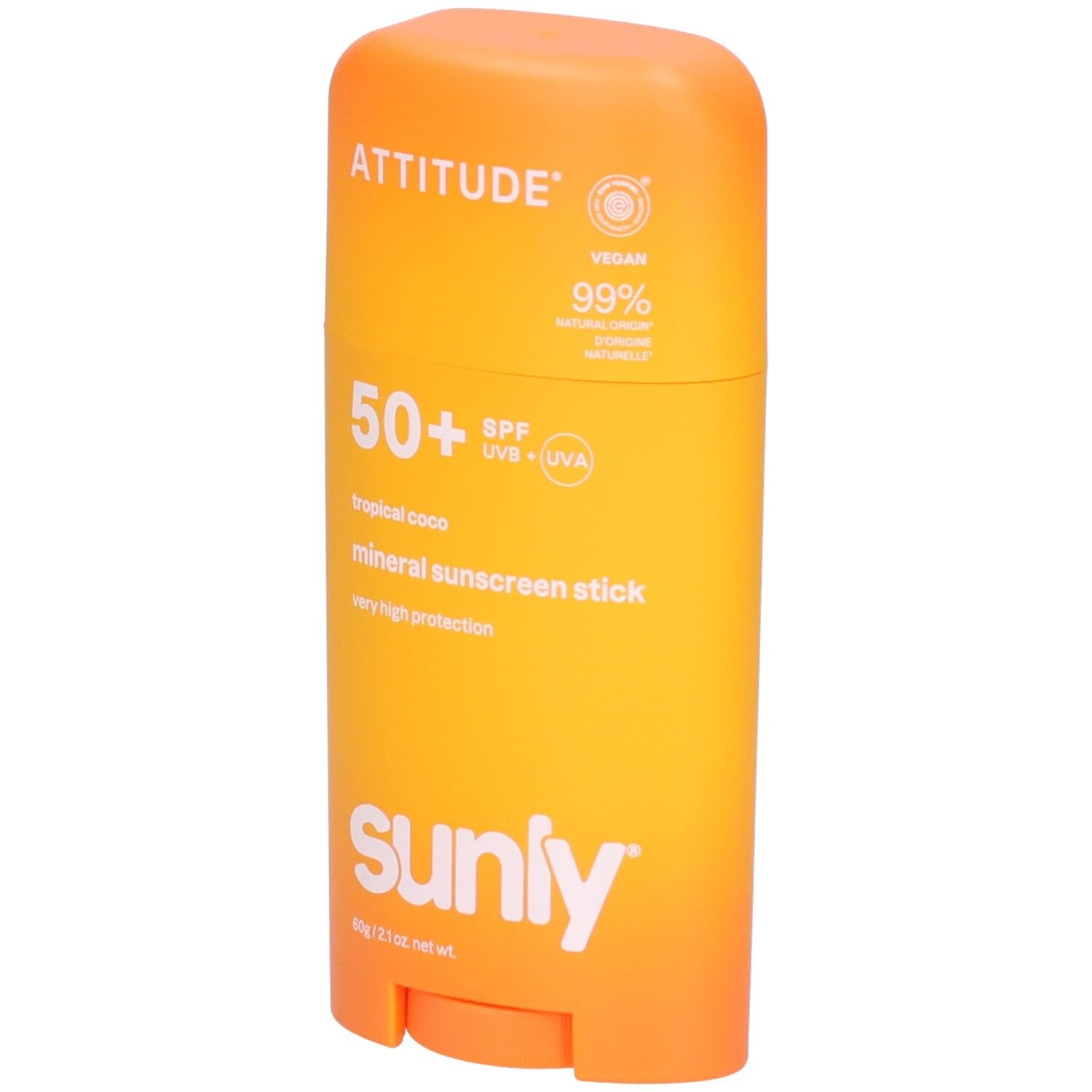 ATTITUDE Stick écran solaire minéral SPF 50, Tropical Coco, 60g. Stick orange-jaune avec inscription blanche.