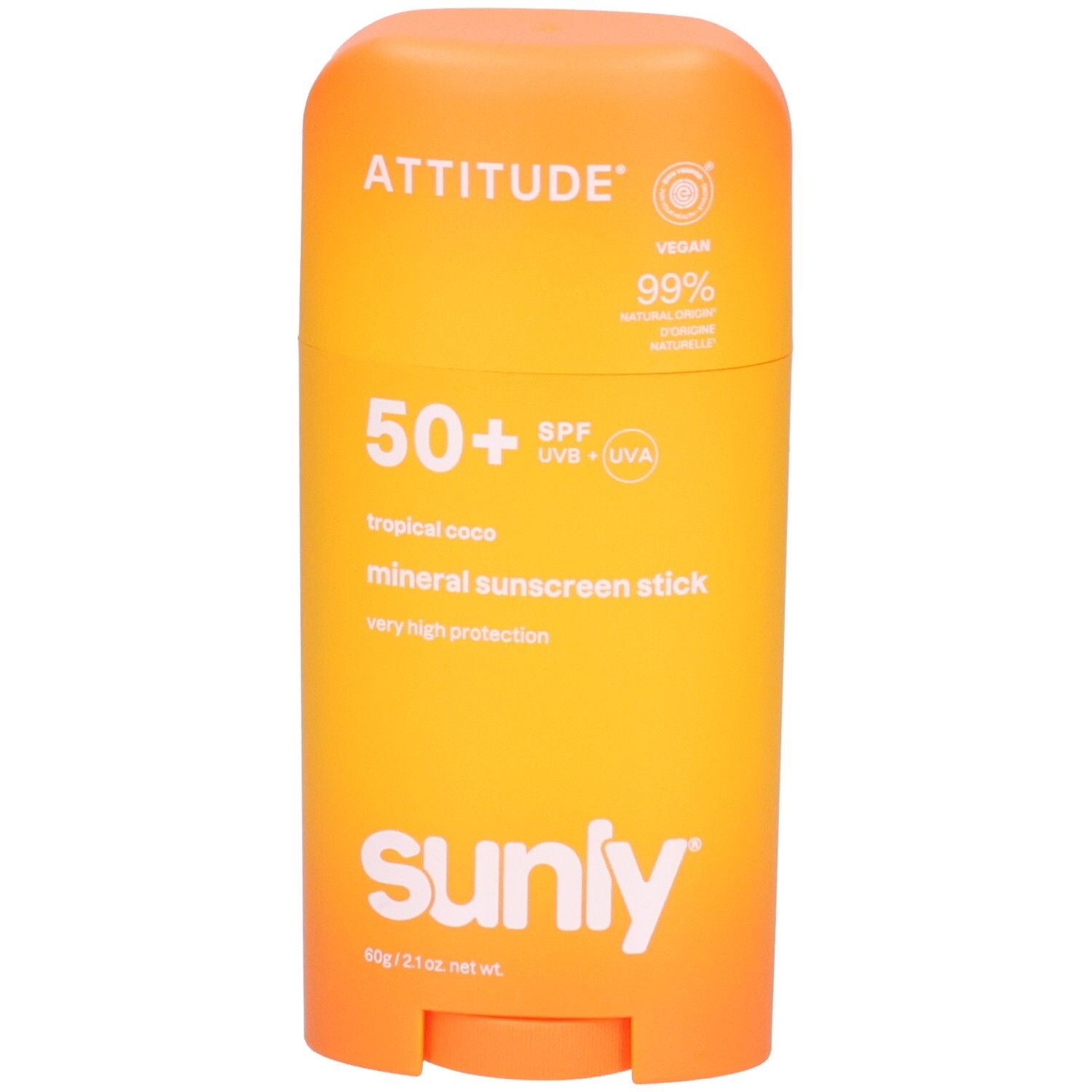 ATTITUDE Stick écran solaire minéral SPF 50, Tropical Coco, 60g. Stick orange-jaune avec inscription blanche.
