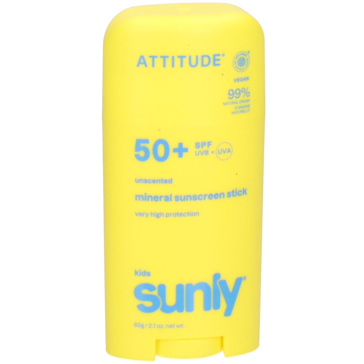 Bâton de protection solaire jaune SPF 50+ avec inscription "sunly".