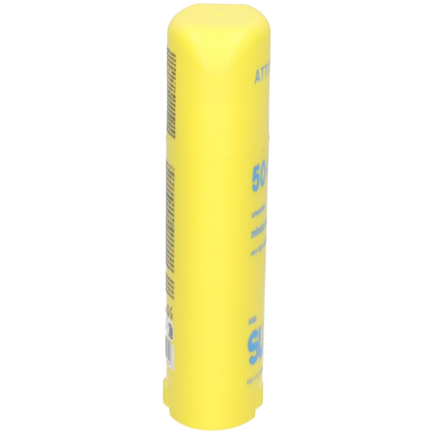 Bâton de protection solaire jaune SPF 50+, vue latérale.