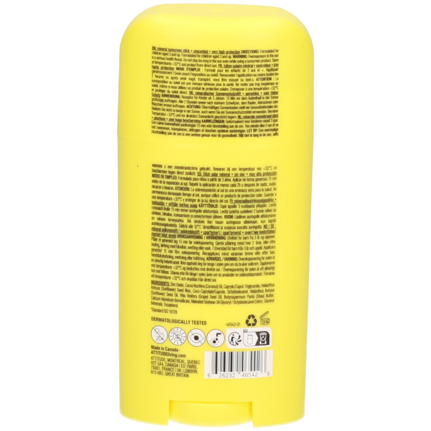 Arrière d'un bâton de protection solaire jaune avec informations produit et sceaux.