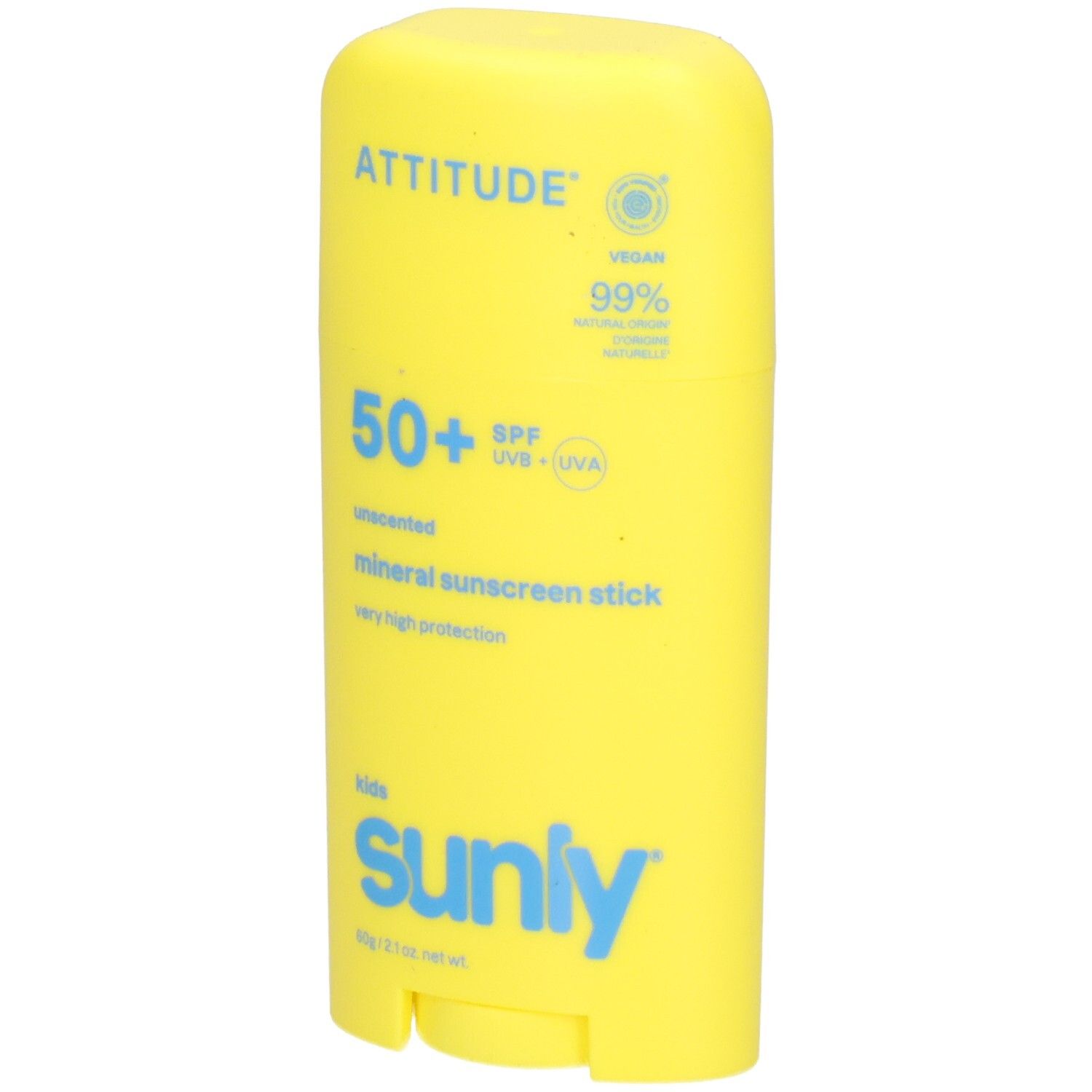 Bâton de protection solaire jaune SPF 50+ avec inscription "sunly".