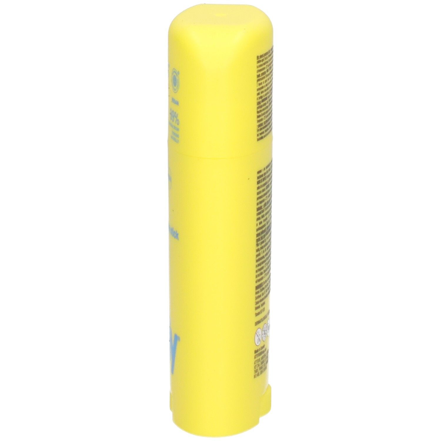 Bâton de protection solaire jaune SPF 50+, vue latérale.