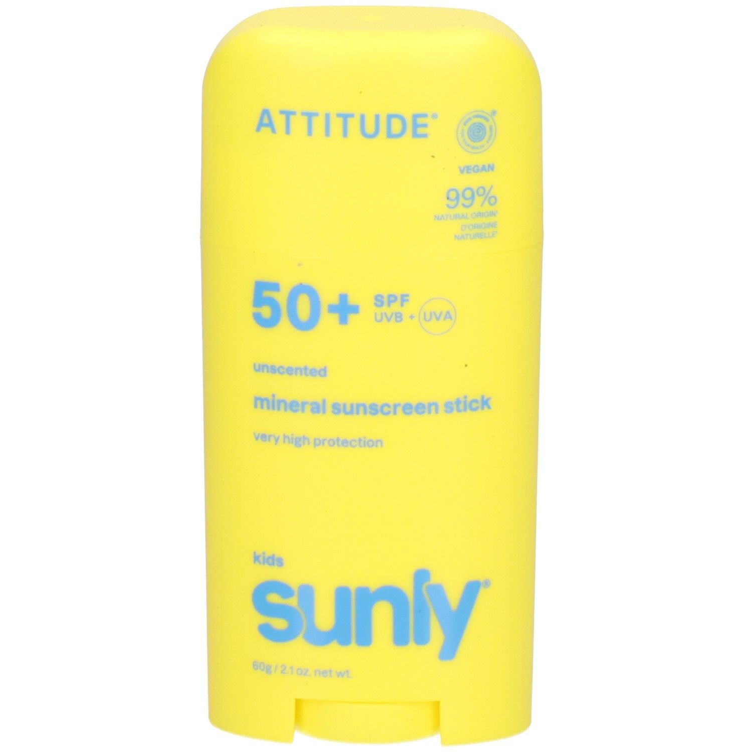 Bâton de protection solaire jaune SPF 50+ avec inscription "sunly".