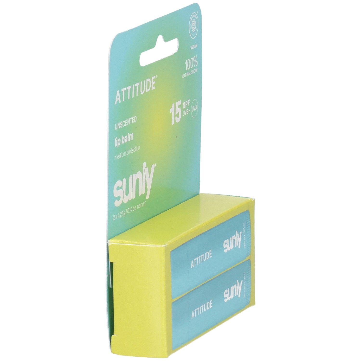 Vue latérale du Attitude Lip Balm Spf 15 Unscented Duo Pack, montrant deux tubes bleu clair dans un emballage cartonné jaune.
