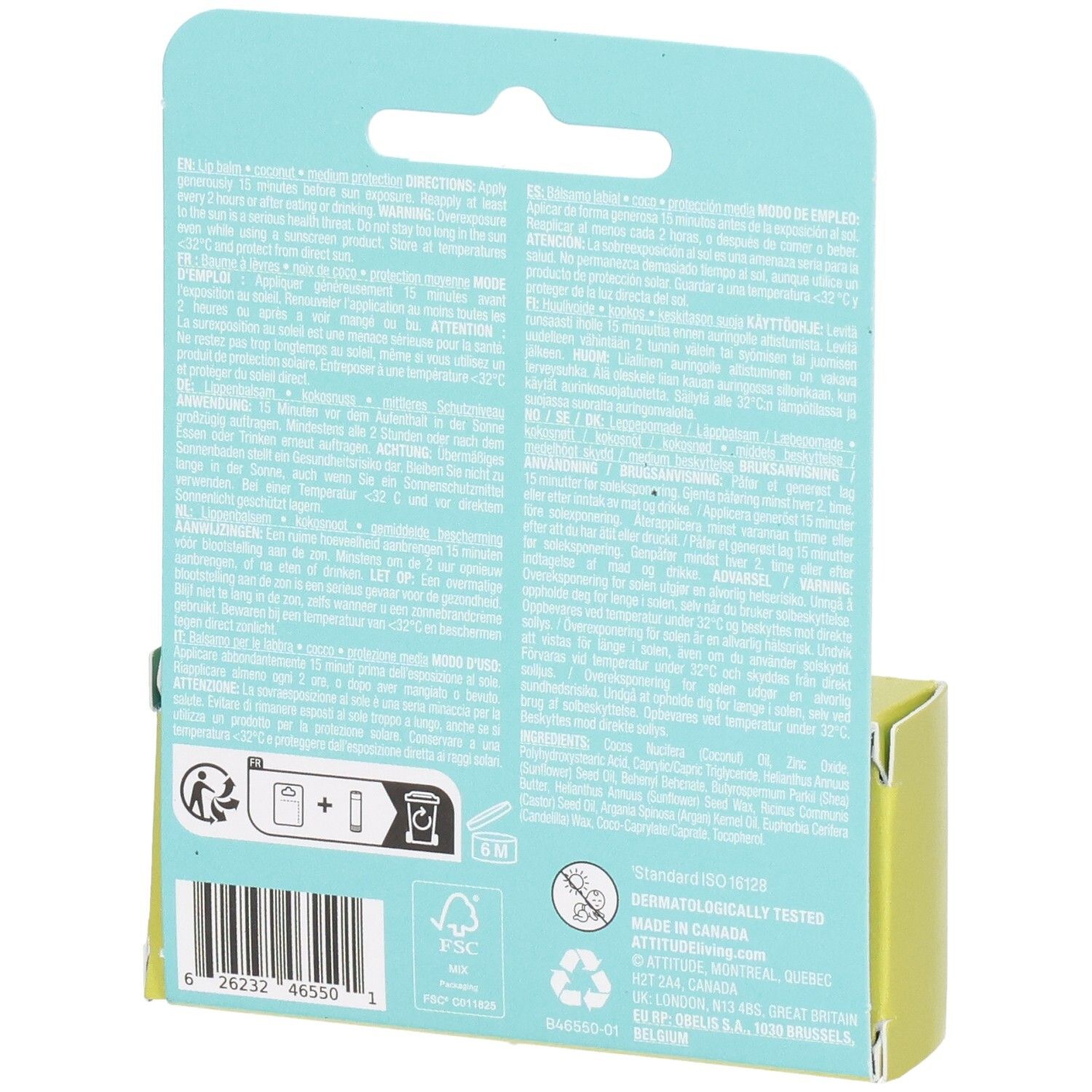 Arrière du Attitude Lip Balm Spf 15 Unscented Duo Pack avec informations détaillées sur le produit et code-barres.