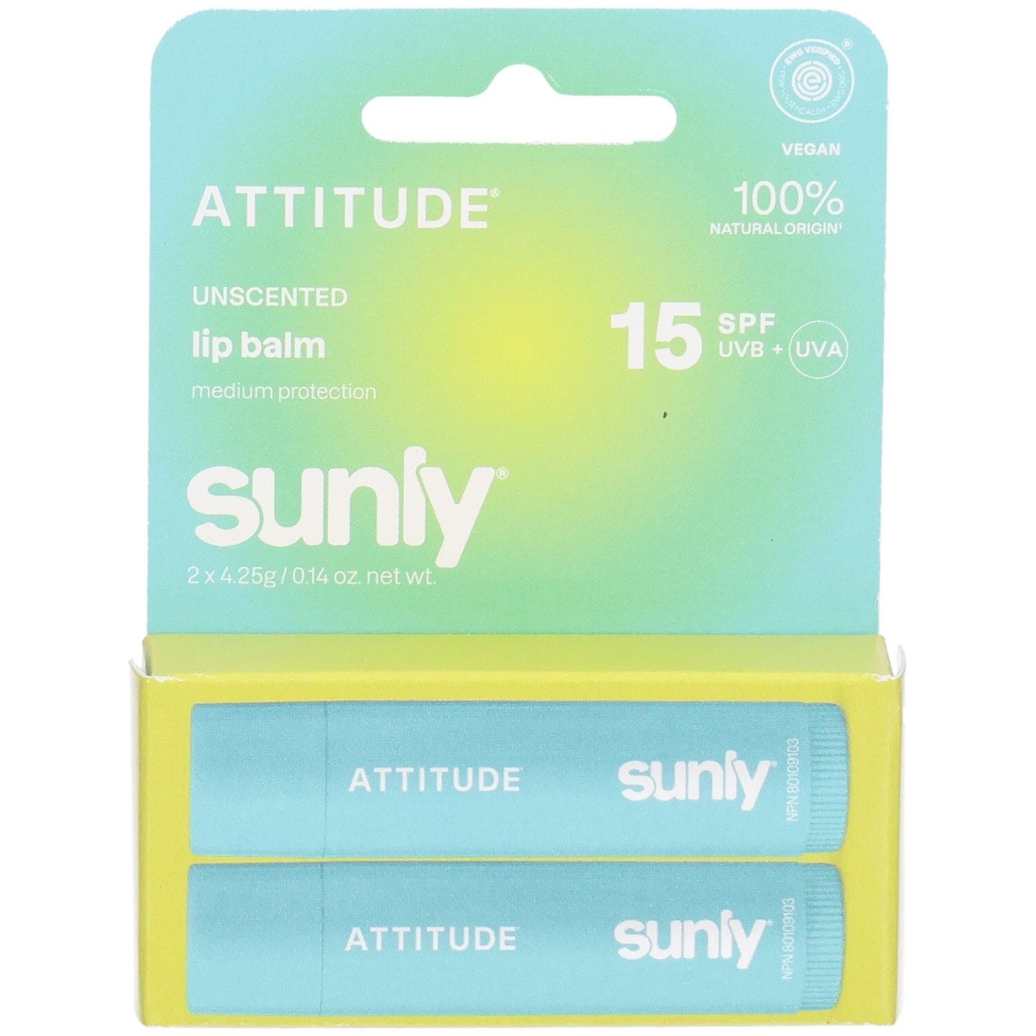 Vue de face du Attitude Lip Balm Spf 15 Unscented Duo Pack, montrant deux tubes bleu clair avec informations sur la protection solaire.