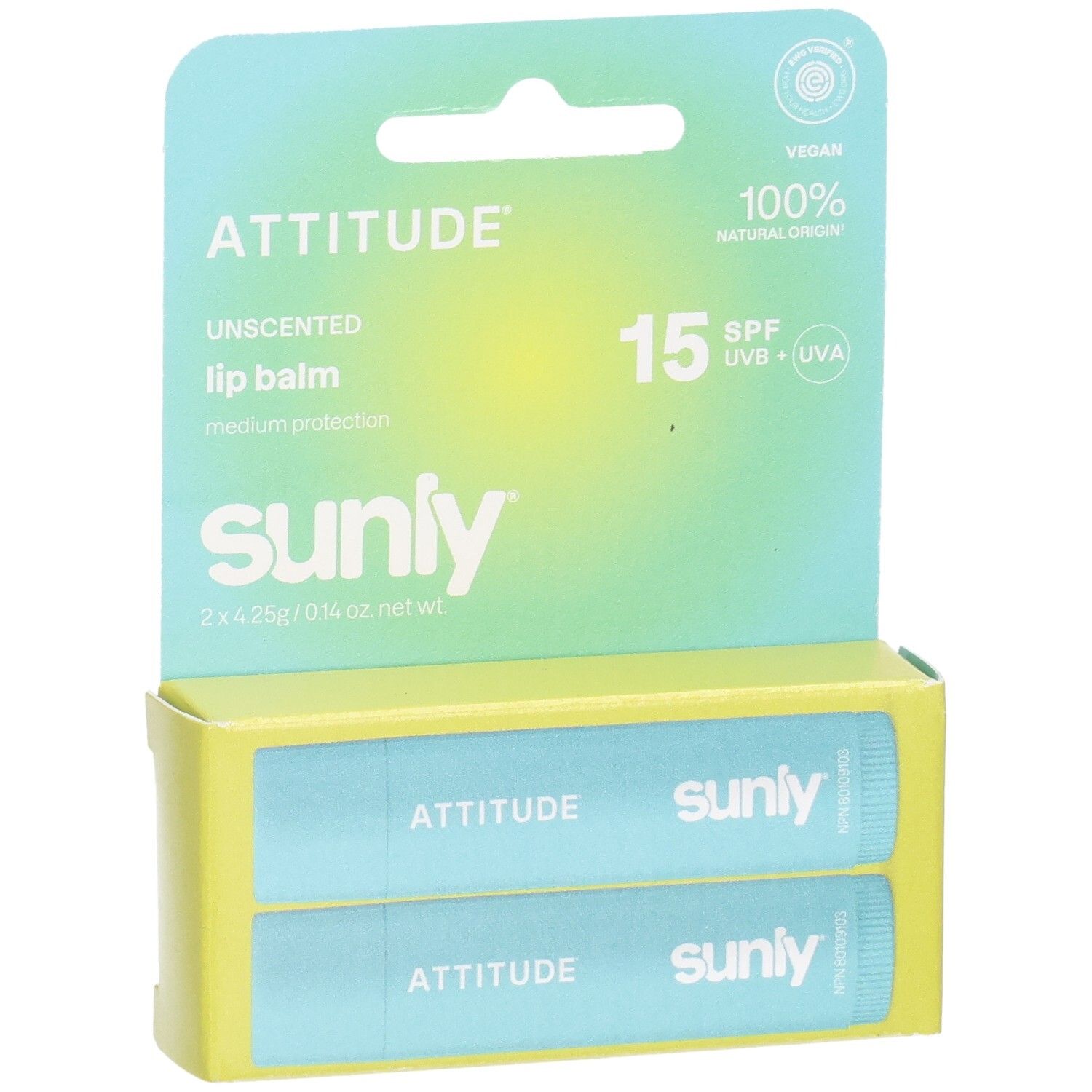 Gros plan du Attitude Lip Balm Spf 15 Unscented Duo Pack, deux tubes bleu clair avec logos 'Attitude' et 'sunly'.