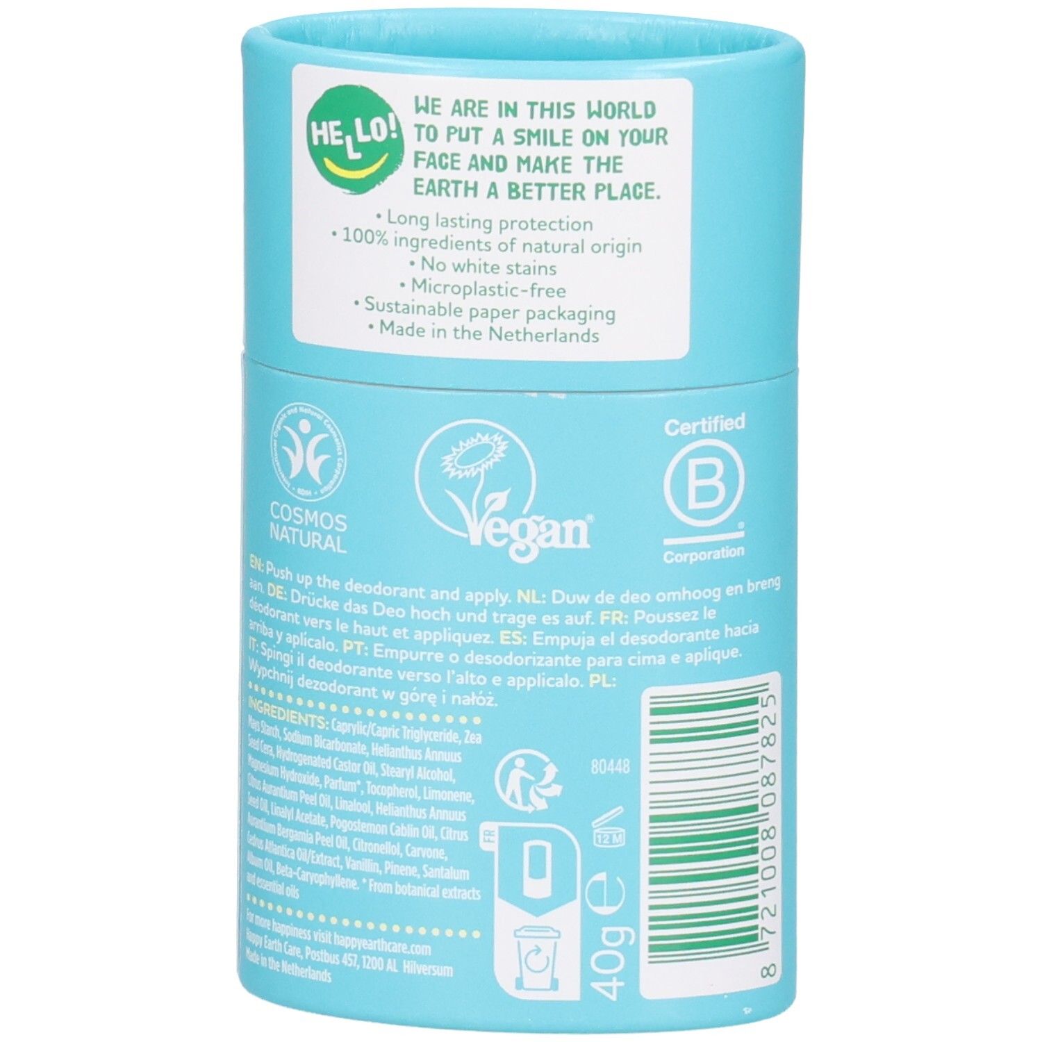 Happy Earth Déodorant Stick arrière: Vegan, label Cosmos Natural, ingrédients, 40g.