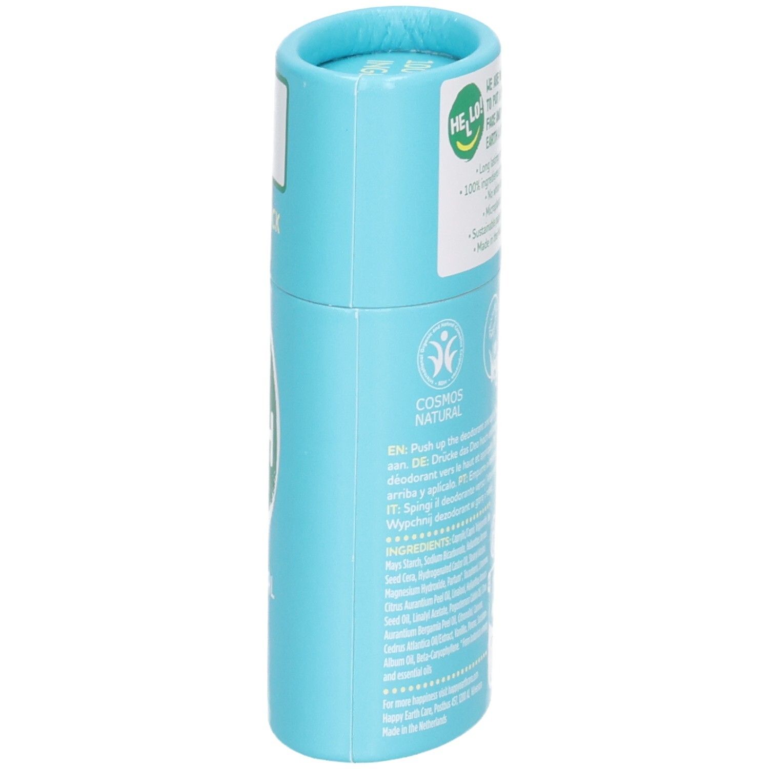 Happy Earth Déodorant Stick, côté avec labels Cosmos Natural et Vegan.