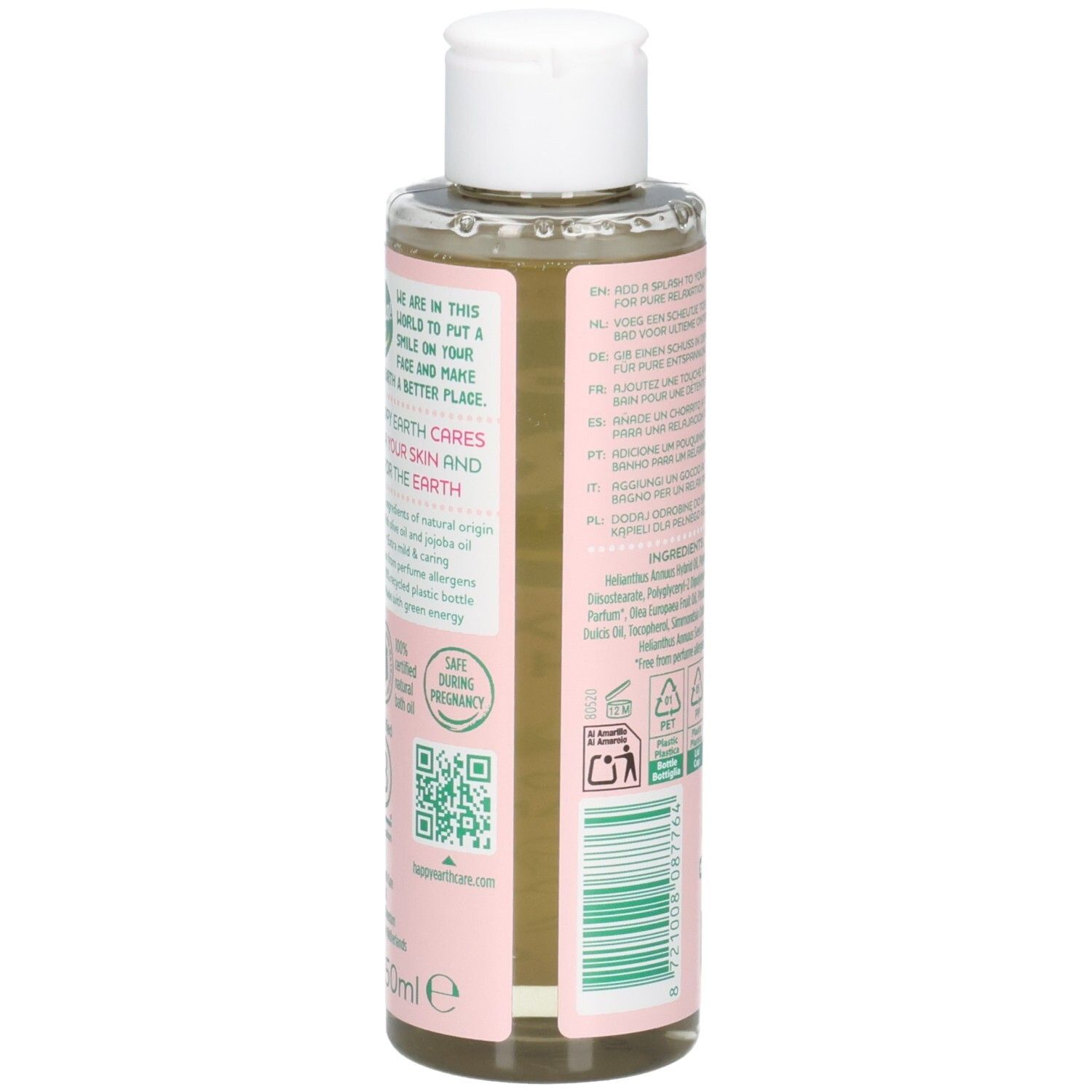 Vue latérale d'une bouteille d'huile de bain relaxante. Affiche du texte sur les ingrédients et les sceaux.