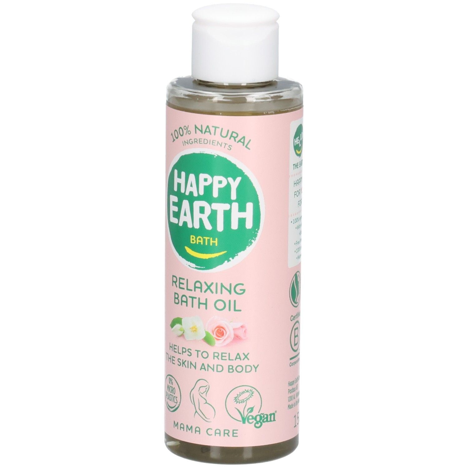 Bouteille d'huile de bain relaxante, ingrédients 100% naturels, Mama Care, sceau Vegan.