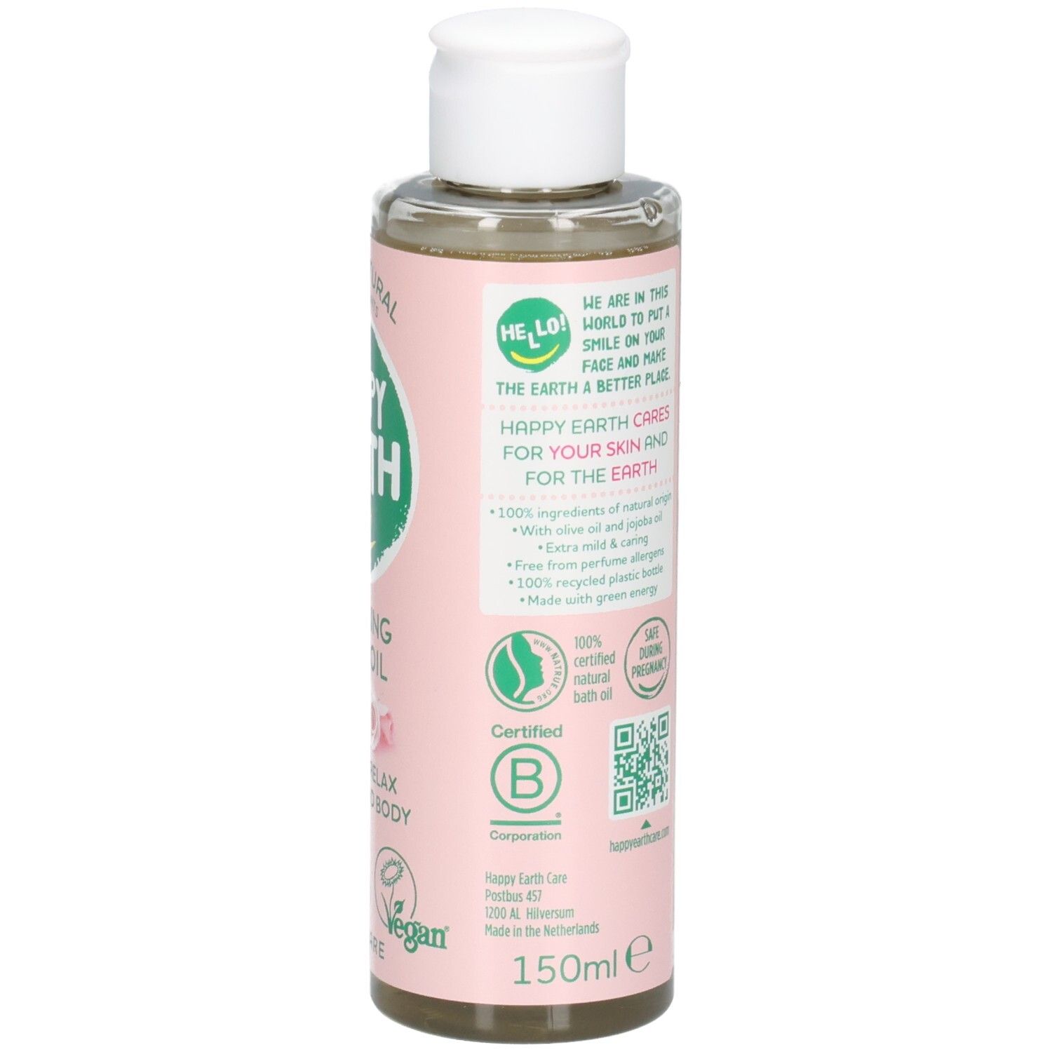 Bouteille d'huile de bain relaxante. Montre des sceaux comme B Corp, Vegan et ingrédients 100% naturels.
