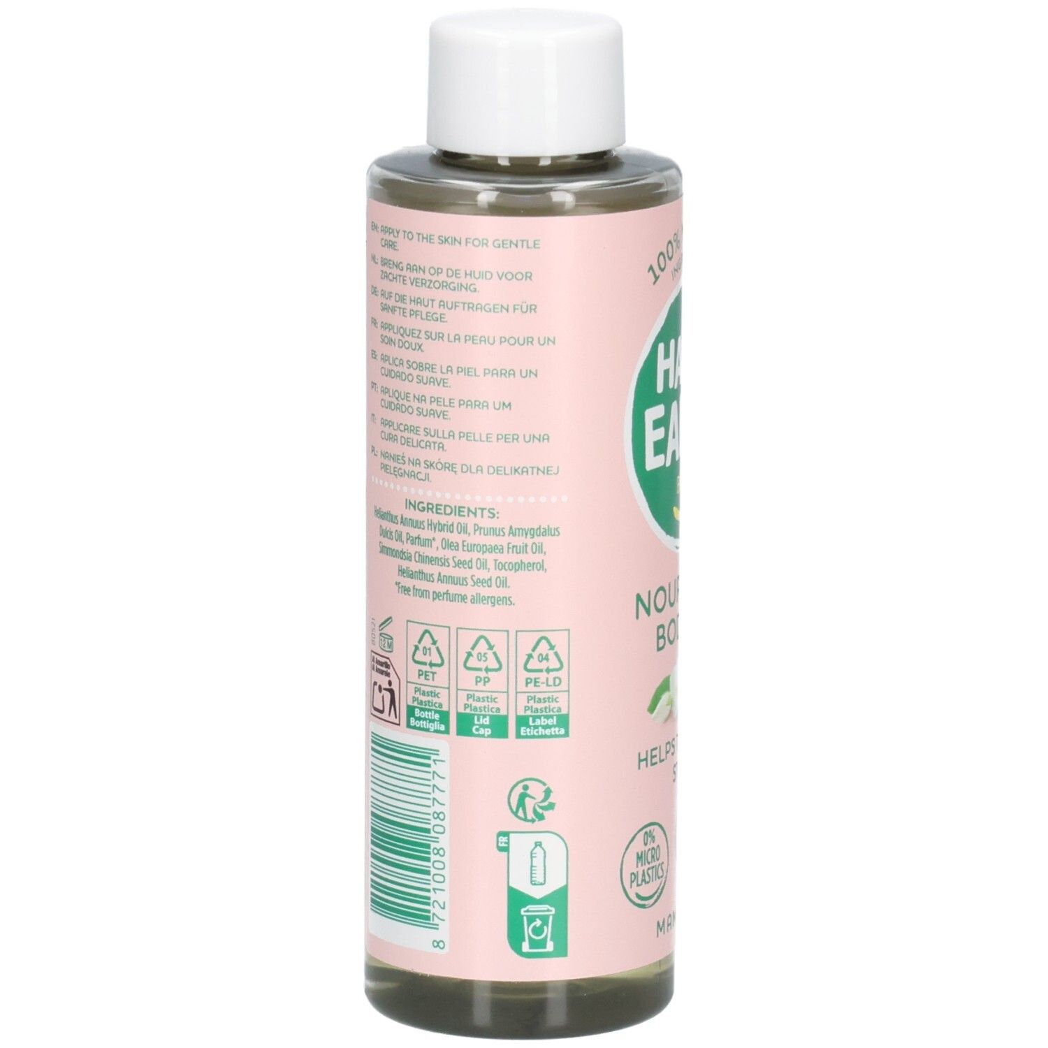 Dos Happy Earth Huile corps pour futures mamans. Ingrédients et infos recyclage.