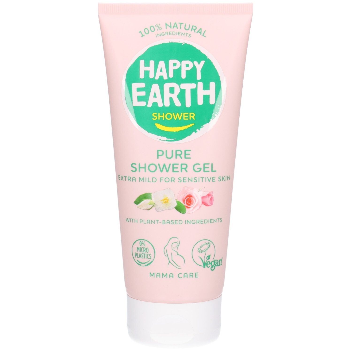 Tube rose de gel douche Happy Earth pour peaux sensibles. Ingrédients 100% naturels, Mama Care.