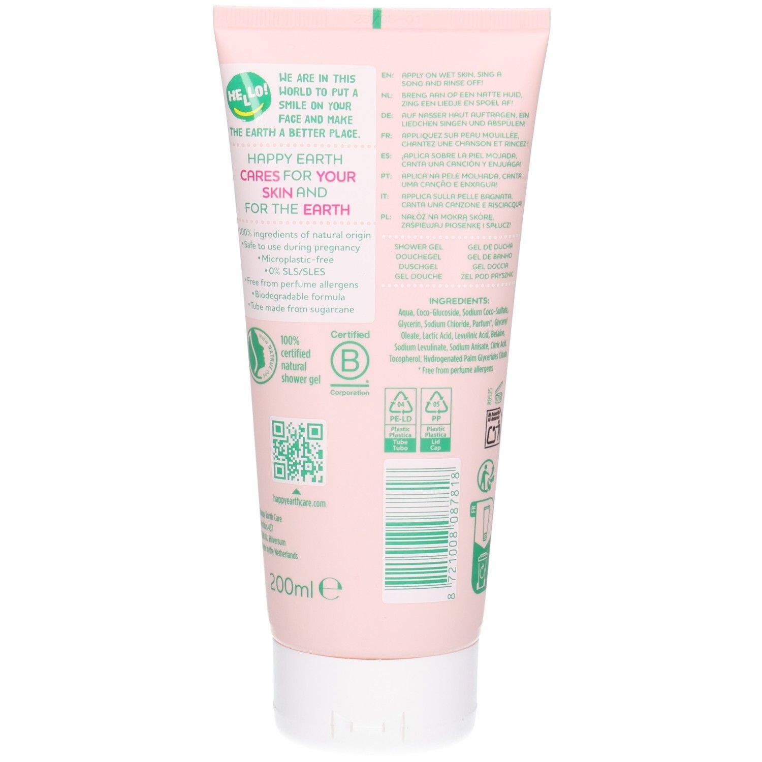 Arrière d'un tube rose de gel douche Happy Earth. Contient 200ml, vegan, sans microplastique, certifié.