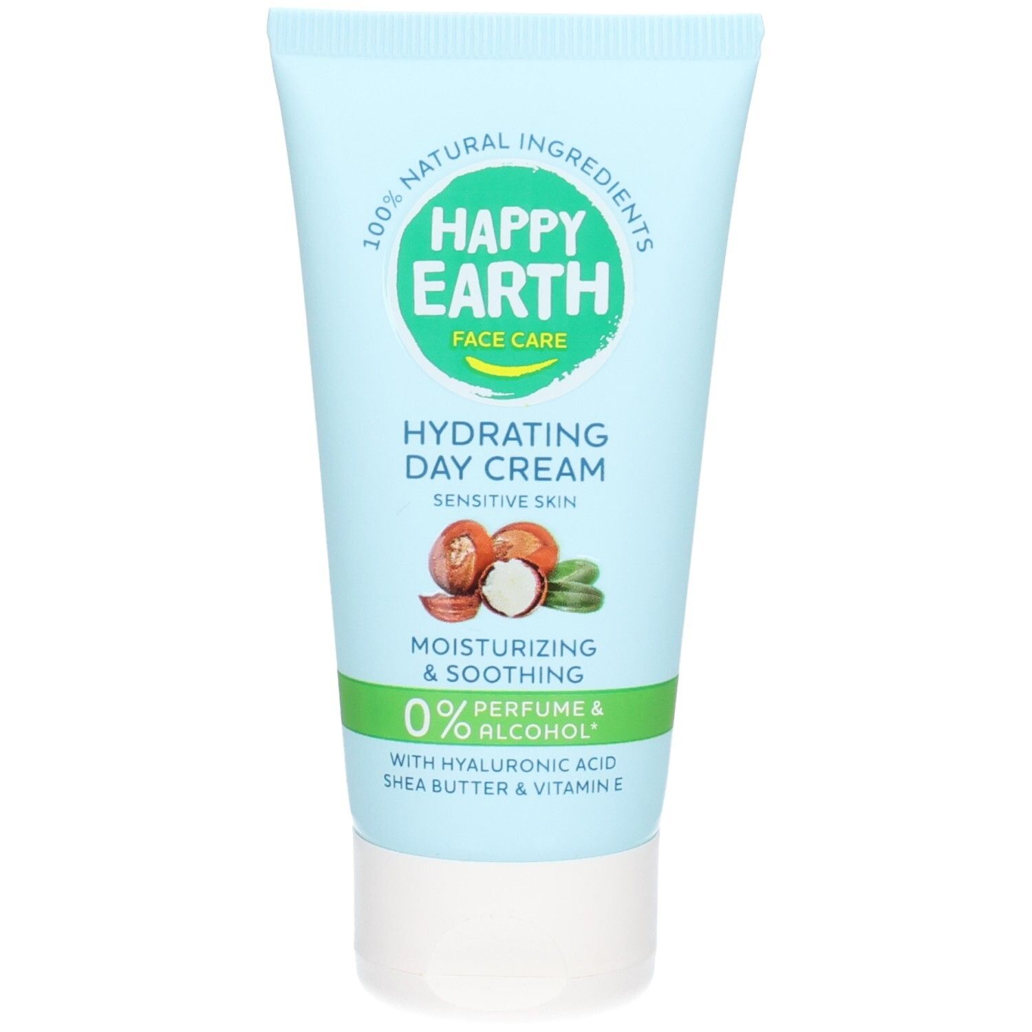 Crème de jour hydratante Happy Earth, 100% ingrédients naturels, sans parfum ni alcool.