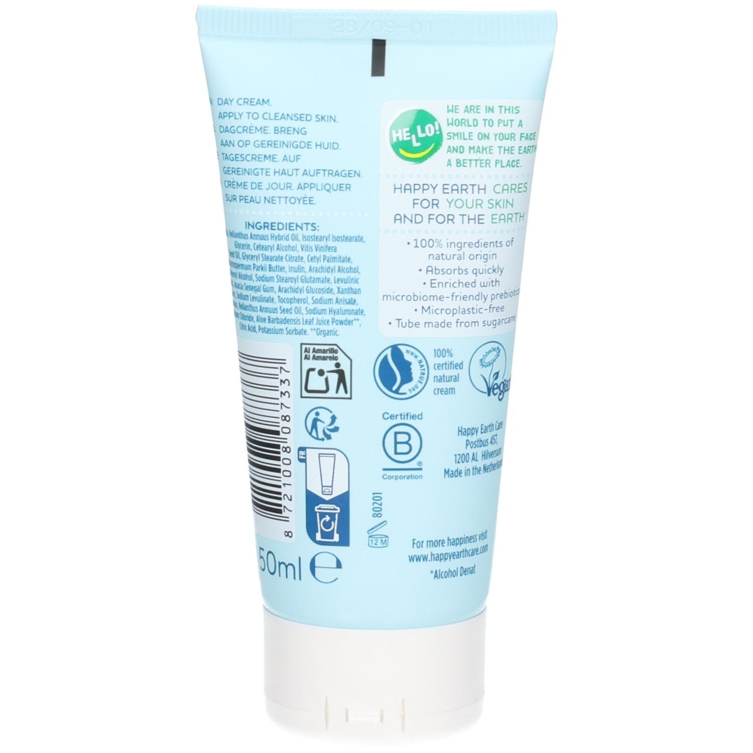 Arrière de la crème hydratante Happy Earth avec ingrédients, certifications et indication de 50ml.