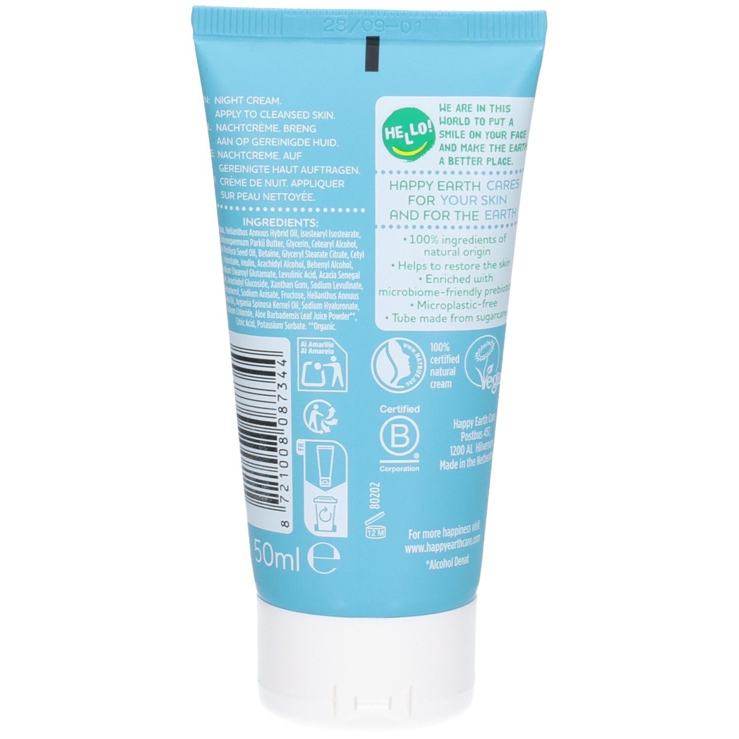 Dos de la crème de nuit Happy Earth, ingrédients, certifications et indication 50ml.