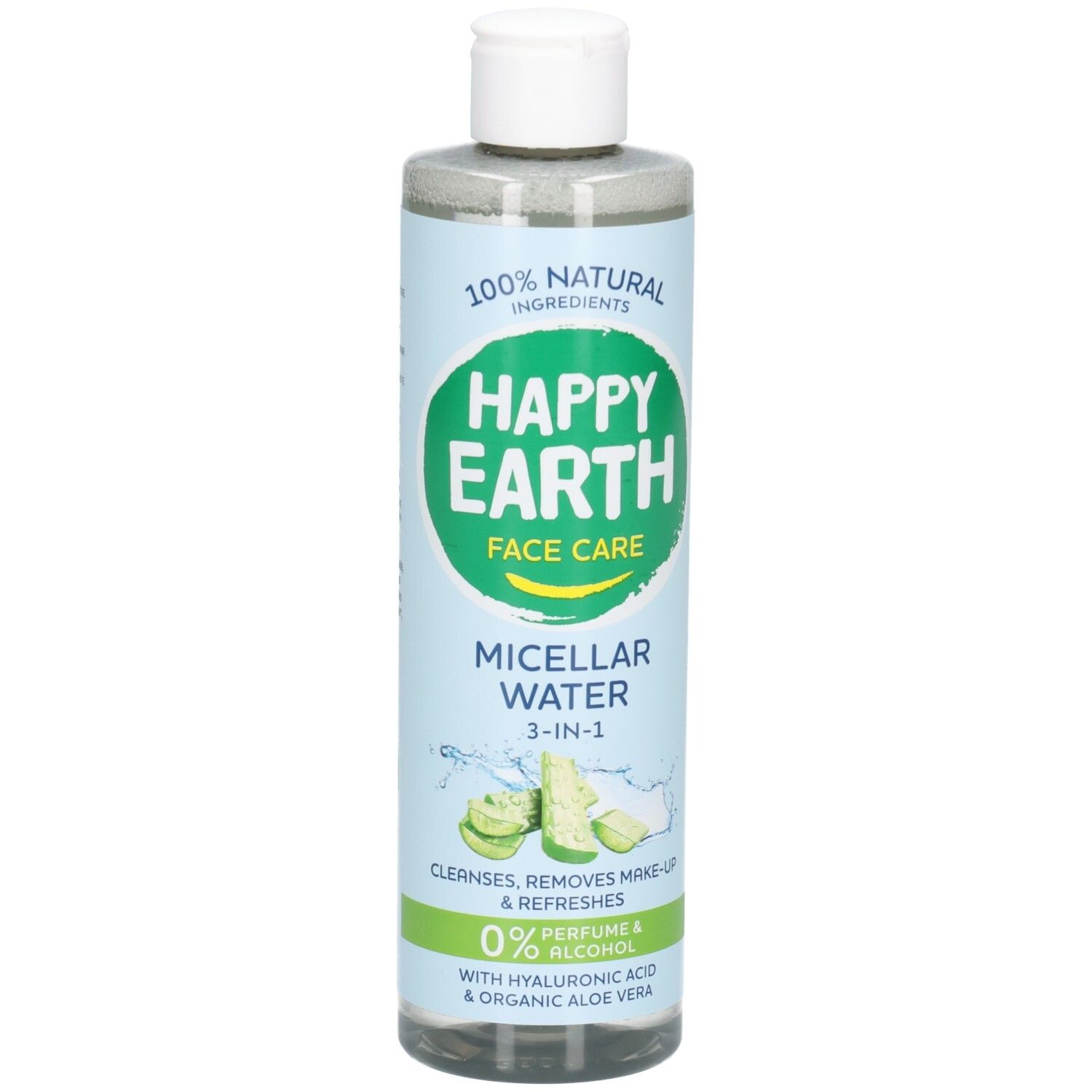 Bouteille d'eau micellaire Happy Earth 3-en-1 avec 100% d'ingrédients naturels, acide hyaluronique et aloe vera bio.