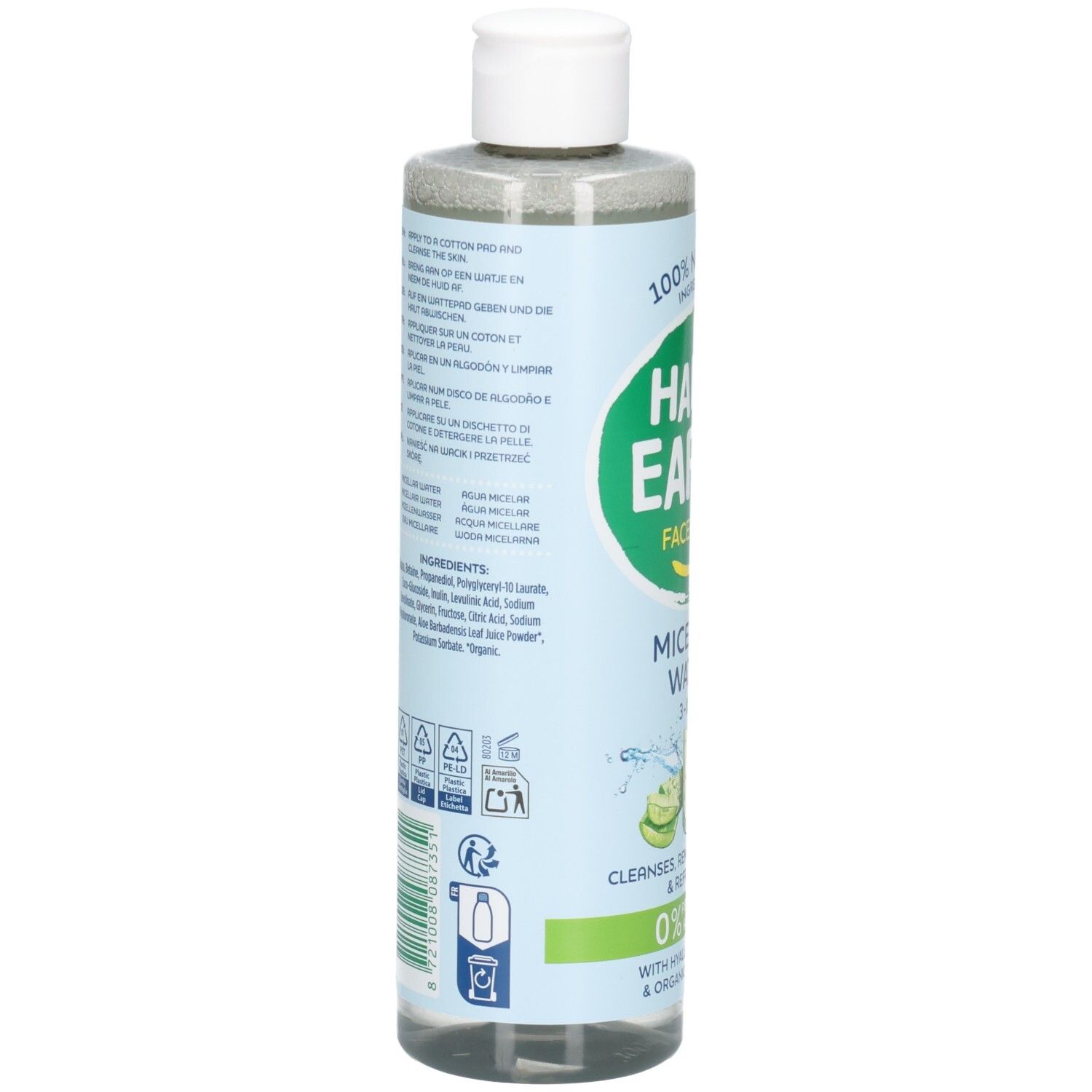 Arrière de la bouteille d'eau micellaire Happy Earth 3-en-1 avec ingrédients et instructions d'utilisation.