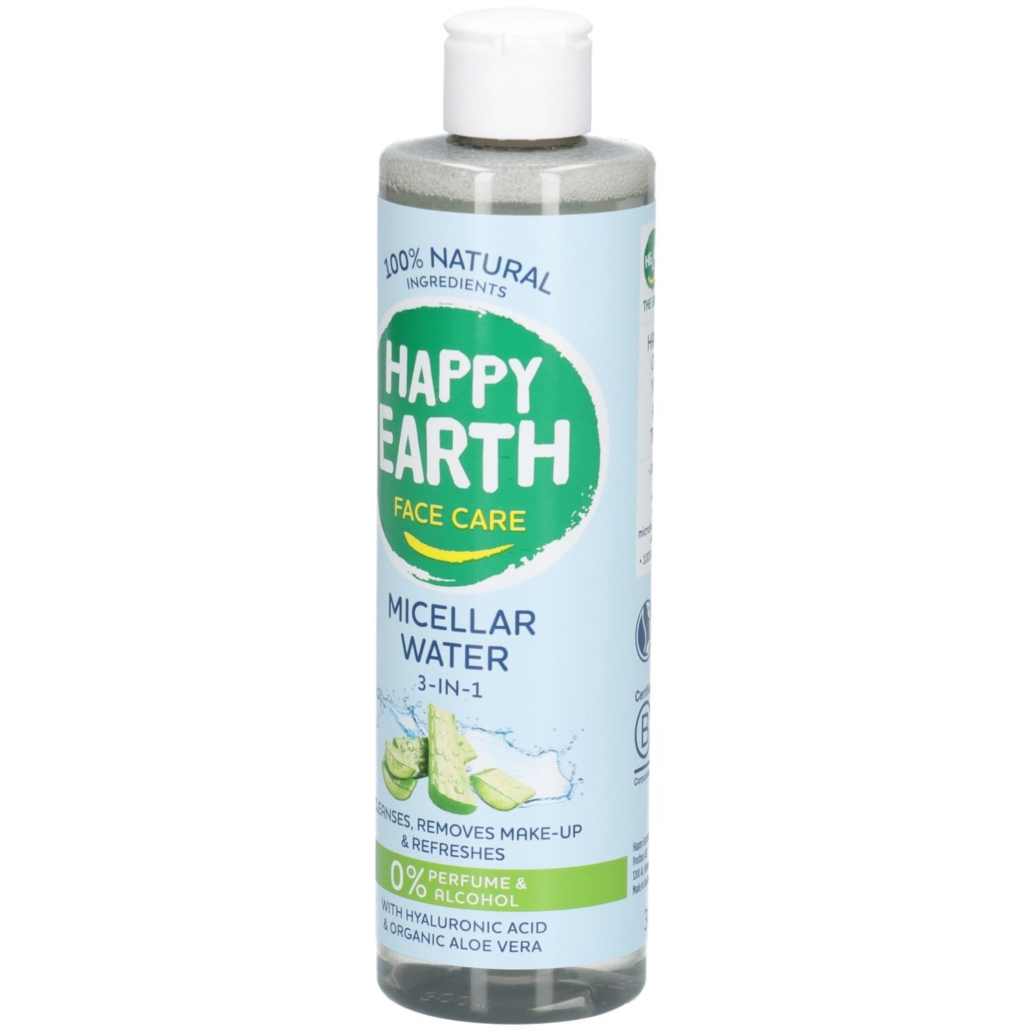 Bouteille d'eau micellaire Happy Earth 3-en-1 avec 100% d'ingrédients naturels, acide hyaluronique et aloe vera bio.