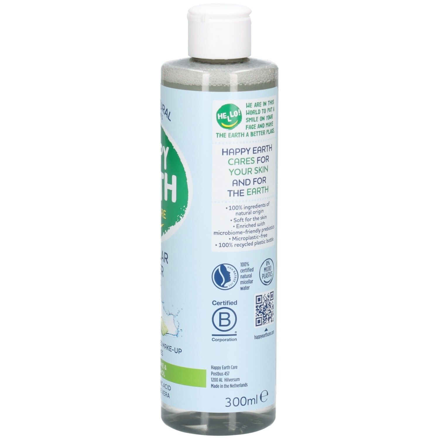 Arrière de la bouteille d'eau micellaire Happy Earth 3-en-1 avec certification B Corp et indication 300ml.