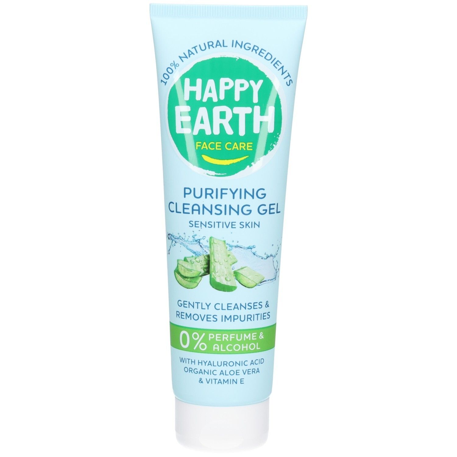 Gel nettoyant visage Happy Earth à l'Aloe Vera, 100% ingrédients naturels, sans parfum ni alcool.