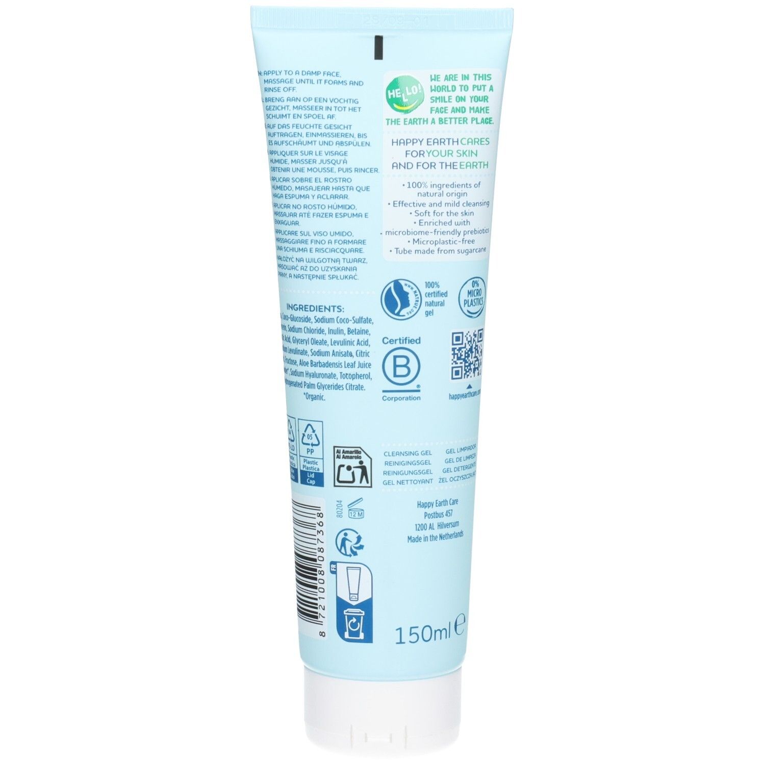 Dos de tube de gel nettoyant visage Happy Earth avec ingrédients et certifications.