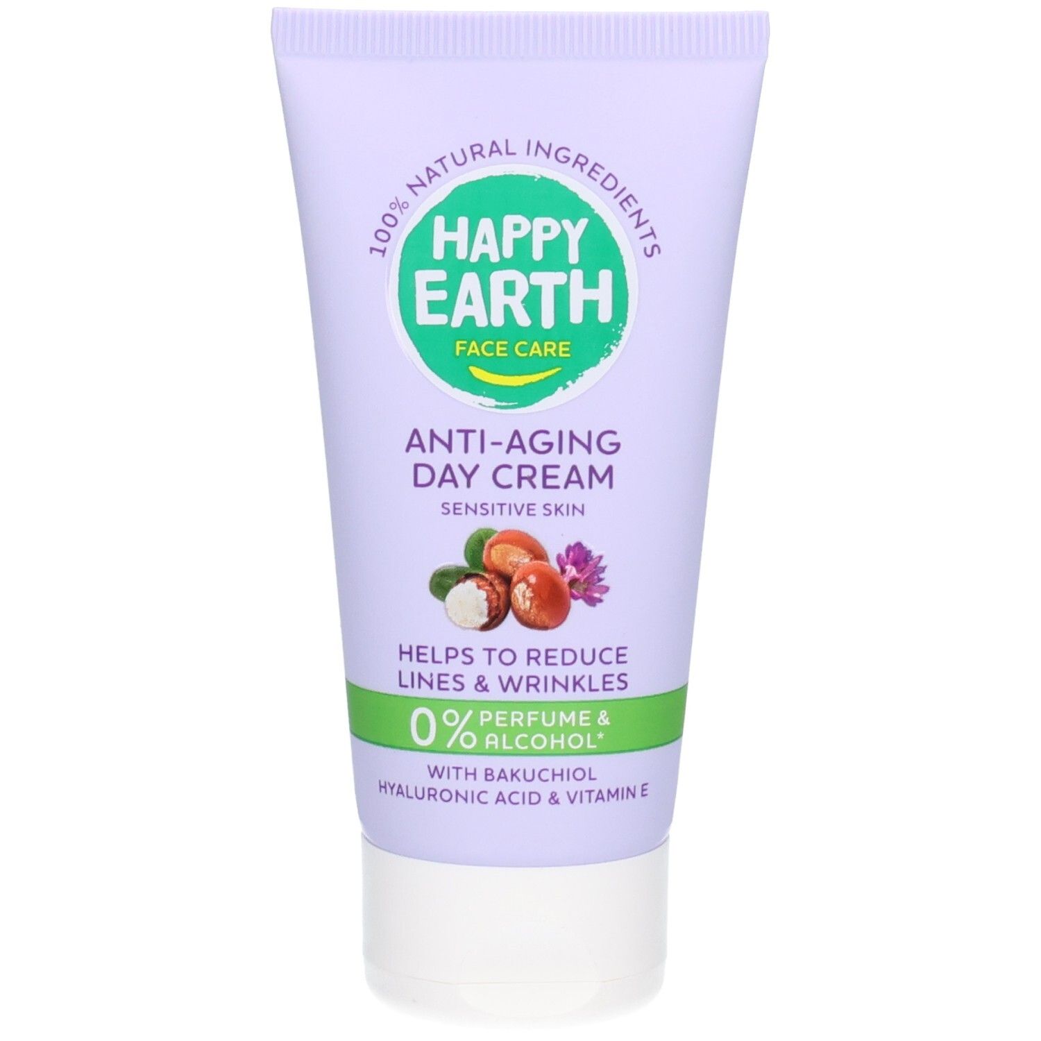 Crème de jour anti-âge Happy Earth au Bakuchiol et Acide Hyaluronique. 100% ingrédients naturels. Pour peaux sensibles.
