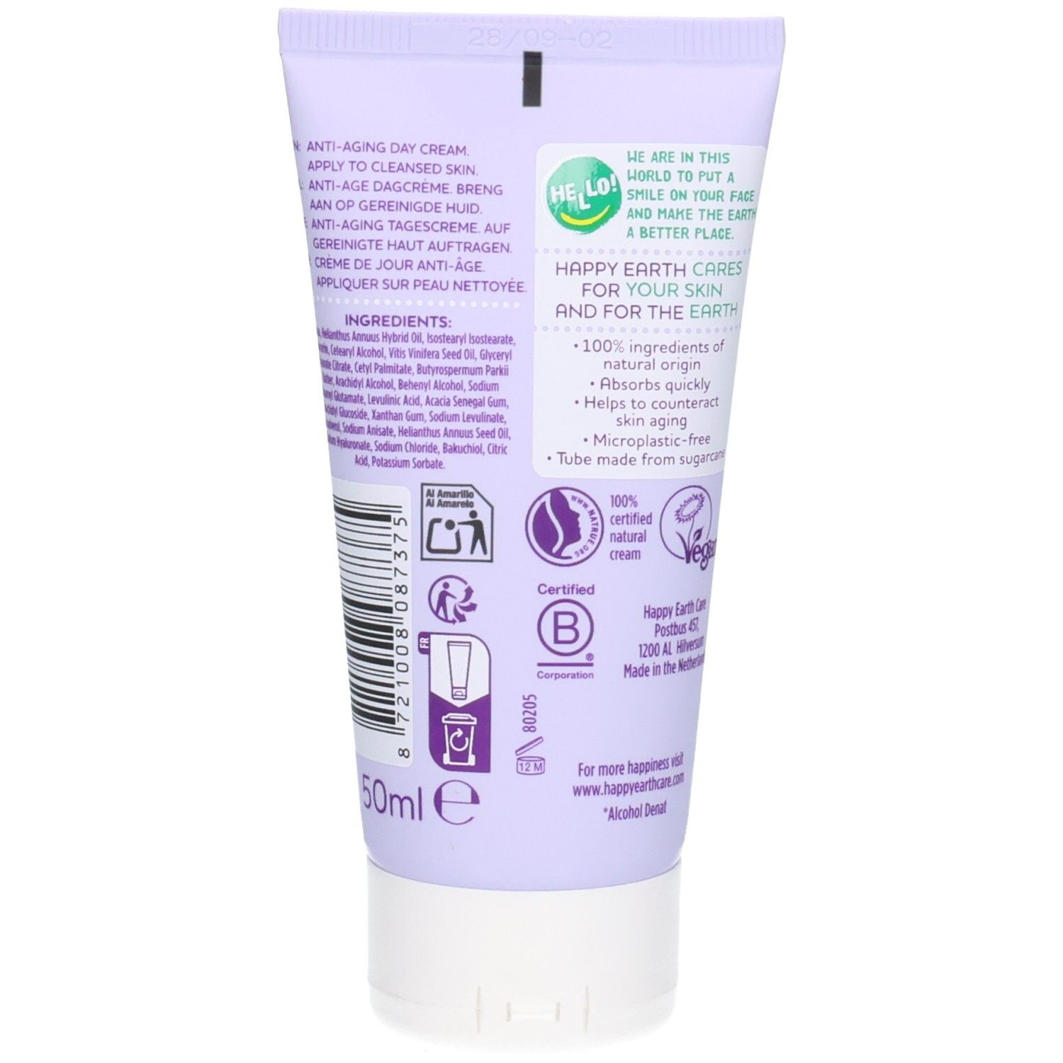 Dos de la crème de jour anti-âge Happy Earth. 100% ingrédients naturels, vegan, sans microplastique. 50ml.
