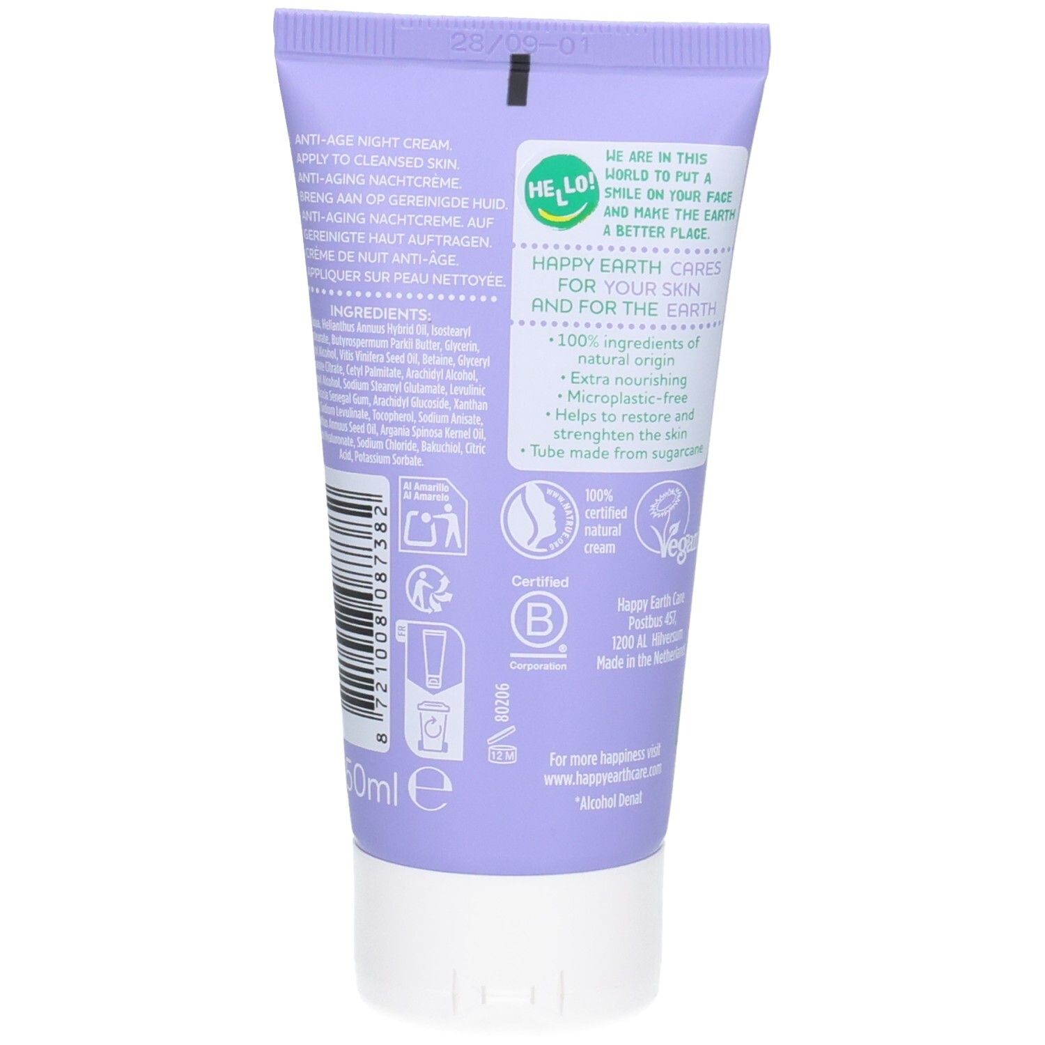 Arrière d'un tube violet Happy Earth Crème de Nuit Anti-Âge avec ingrédients et certifications.