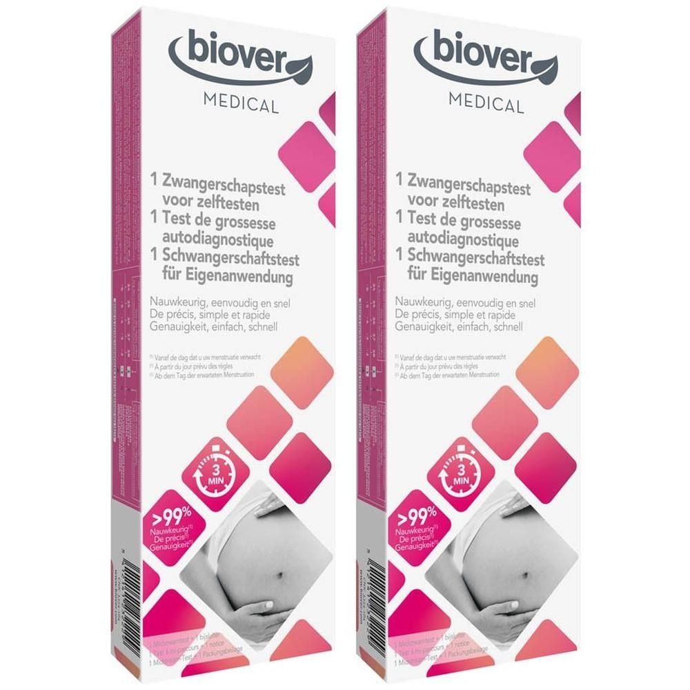 Deux boîtes de test de grossesse Biover Medical. Boîtes blanches avec accents roses et informations produit.