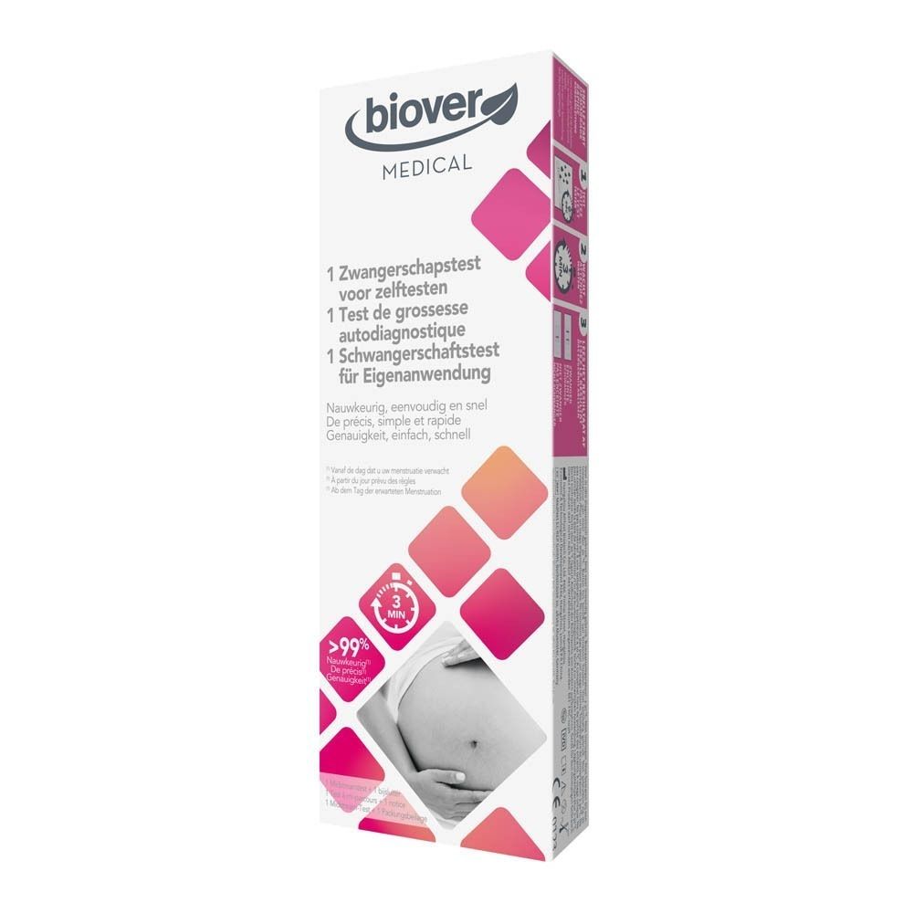 Une boîte de test de grossesse Biover Medical. Boîte blanche avec accents roses et informations produit.