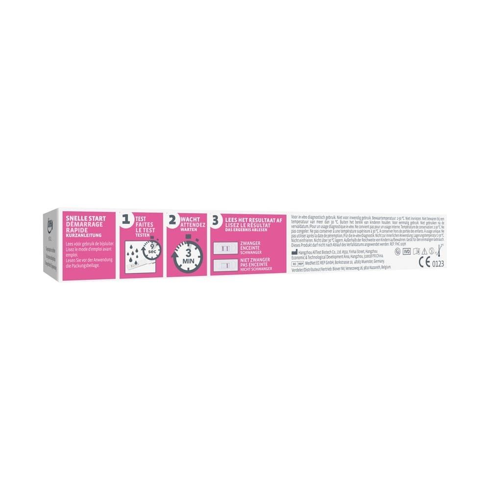 Emballage du test de grossesse Biover Medical. Boîte blanche avec accents roses et instructions.