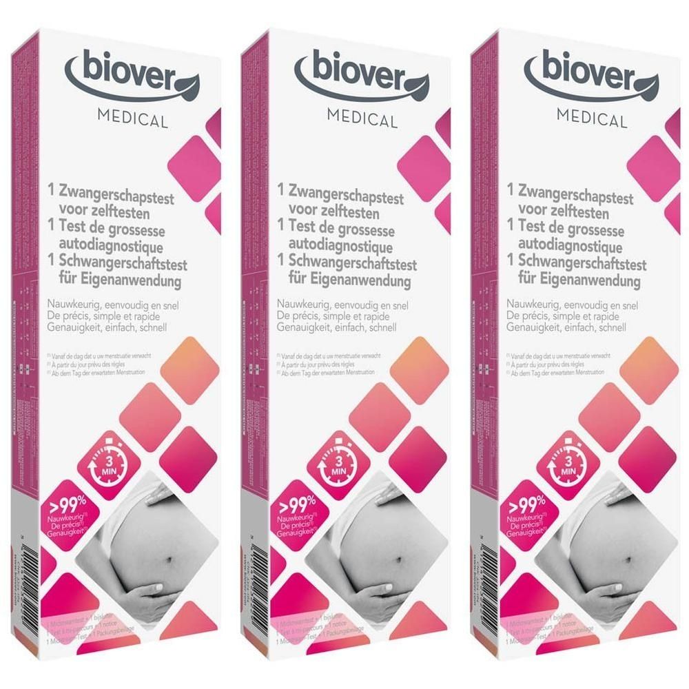 Trois boîtes de test de grossesse. Emballage blanc et rose avec nom et logo du produit. Illustration d'une femme enceinte.