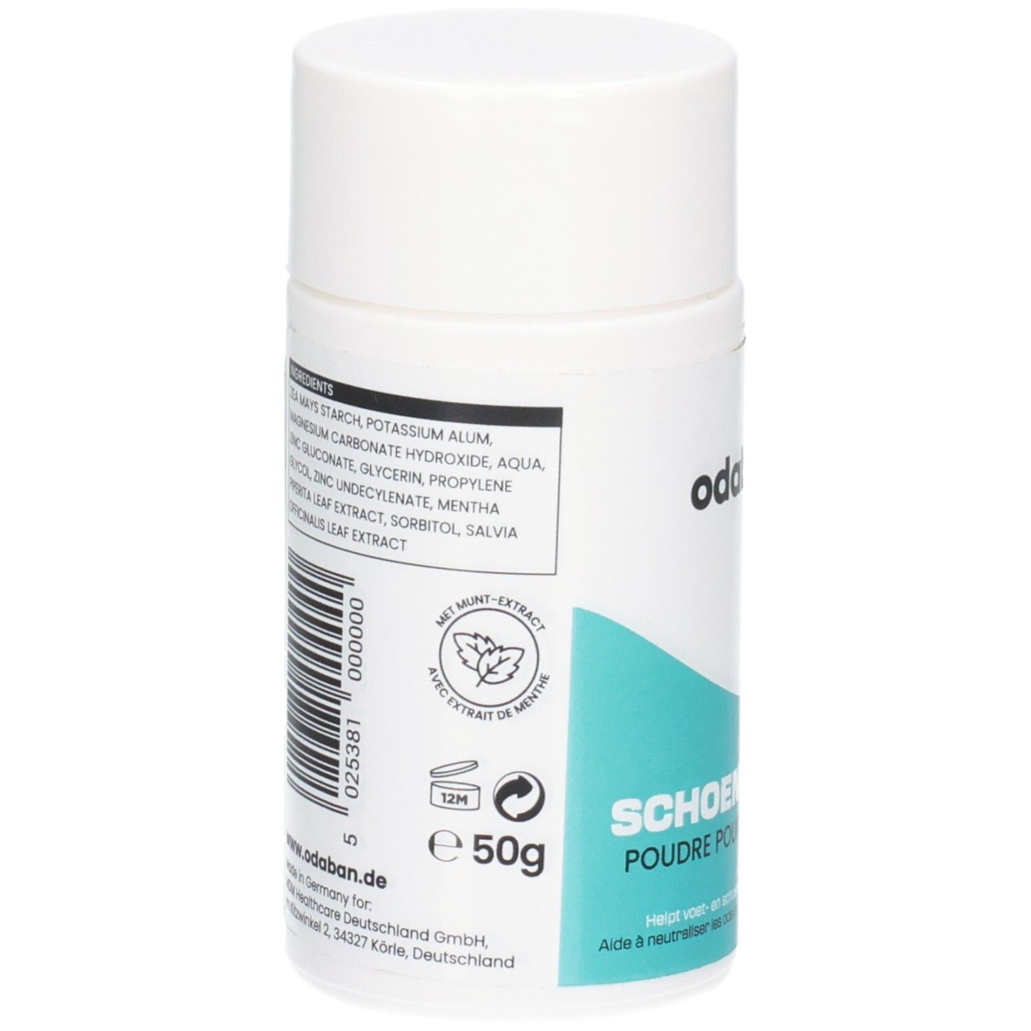 Arrière d'une boîte blanche avec liste des ingrédients, code-barres et indication 50g.