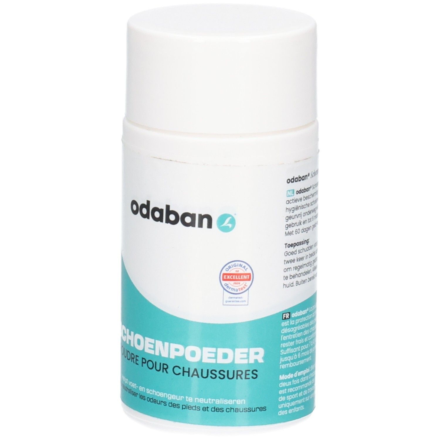Boîte blanche avec logo odaban®, sceaux et inscription SCHOENPOEDER / POUDRE POUR CHAUSSURES.