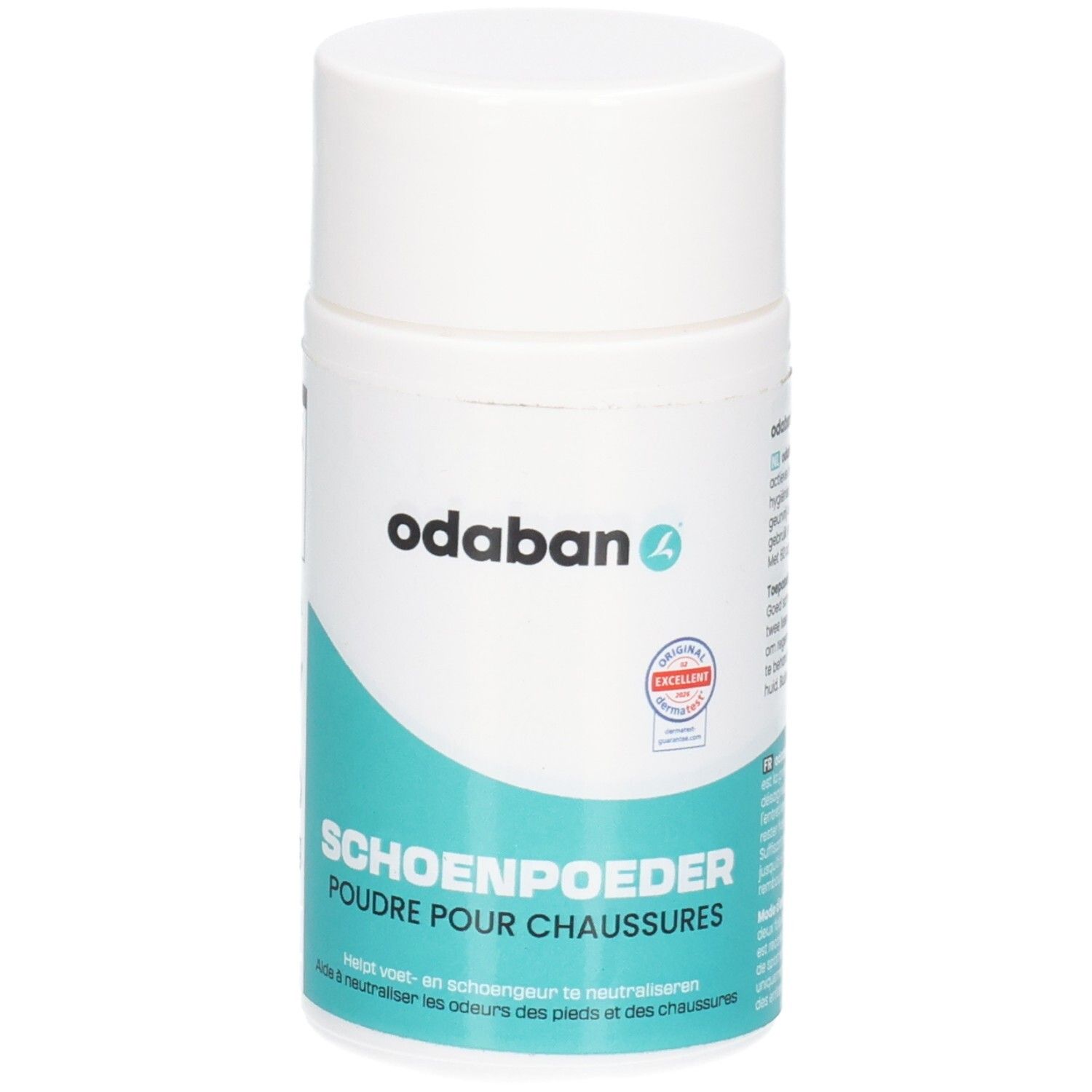 Boîte blanche avec logo odaban®, sceaux et inscription SCHOENPOEDER / POUDRE POUR CHAUSSURES.