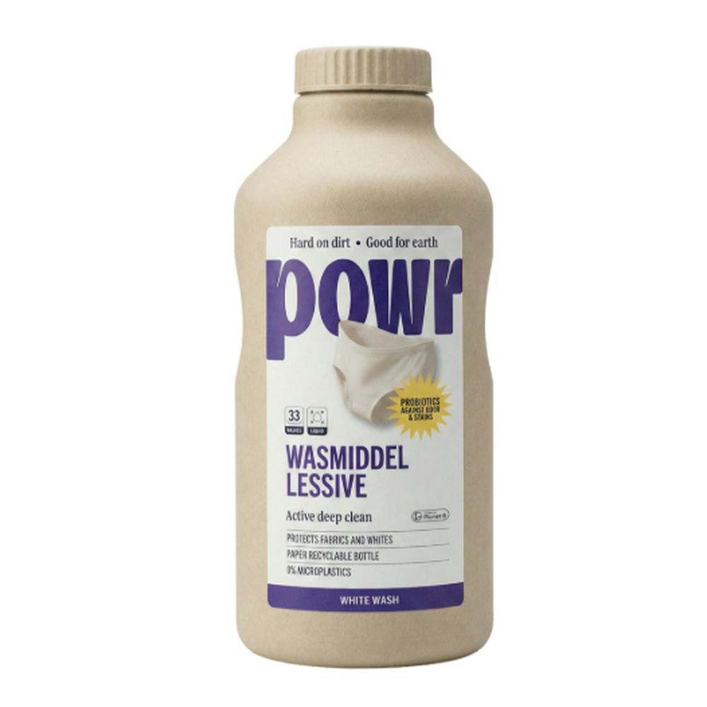 Lessive liquide POWR pour linge blanc, 33 lavages, bouteille recyclable en papier.
