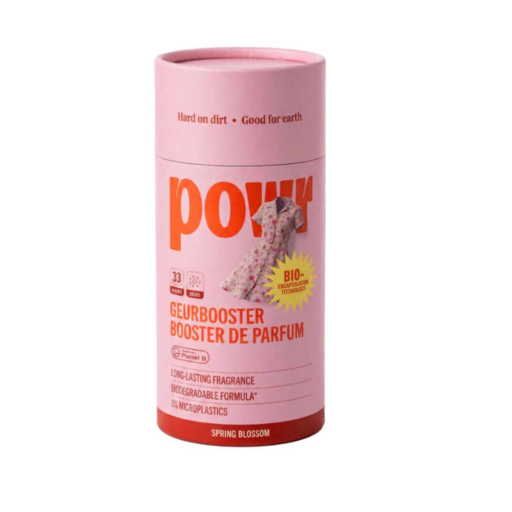 Contenant cylindrique rose avec logo "pow", booster de parfum pour linge, 33 lavages, Spring Blossom.