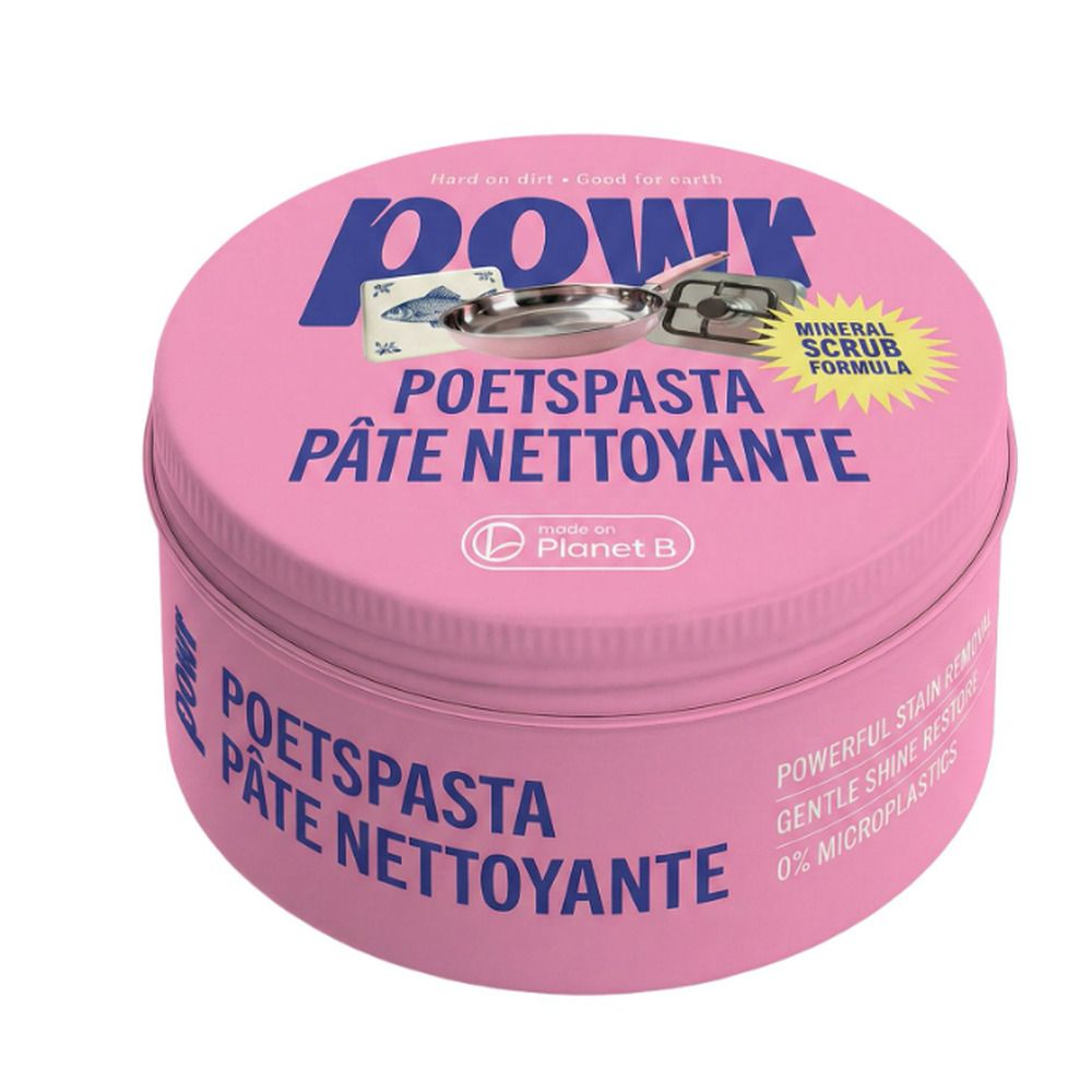 Pâte nettoyante POWR dans une boîte rose. "Hard on dirt. Good for earth." "Poetspasta Pâte Nettoyante".