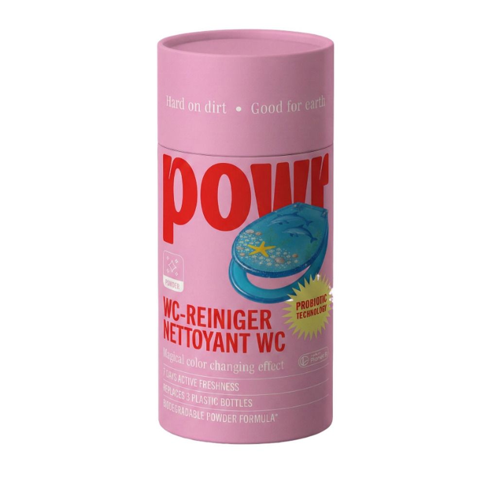 Boîte rose avec nettoyant WC, logo 'pow-r', formule poudre biodégradable.