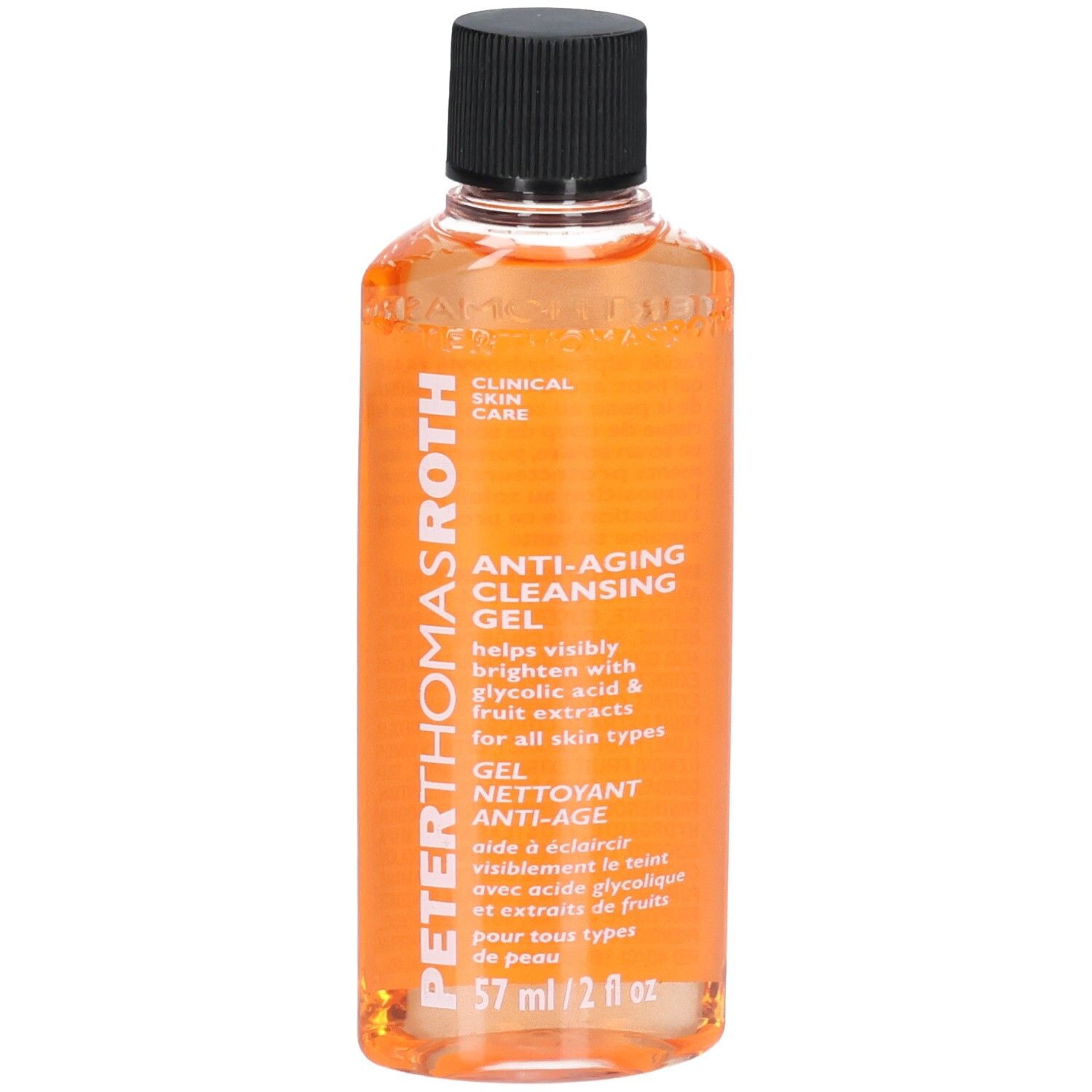 Gel Nettoyant Anti-Âge Peter Thomas Roth, 57 ml. Gel orange dans une bouteille transparente avec un bouchon noir.