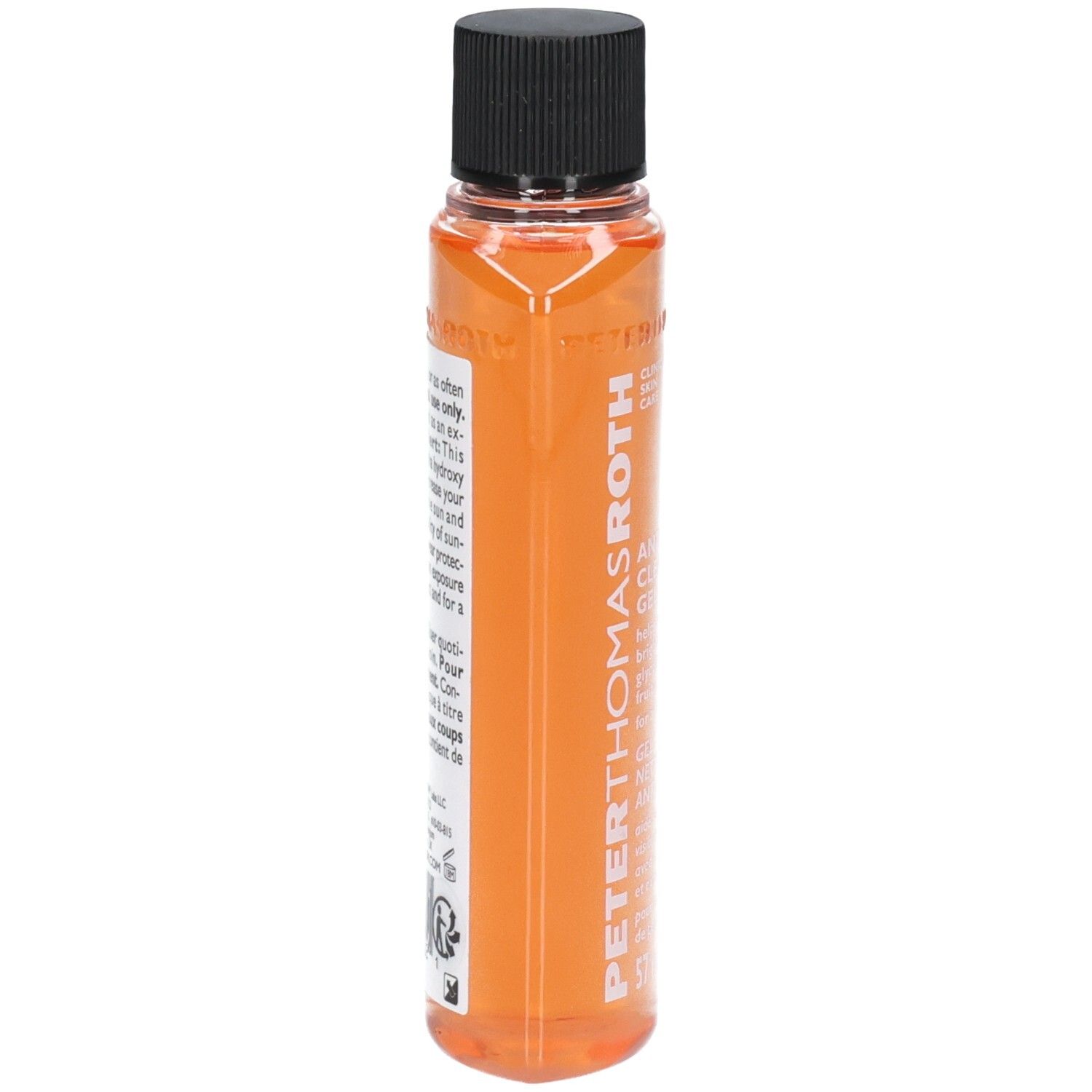 Gel Nettoyant Anti-Âge Peter Thomas Roth, 57 ml. Vue latérale du flacon de gel orange.