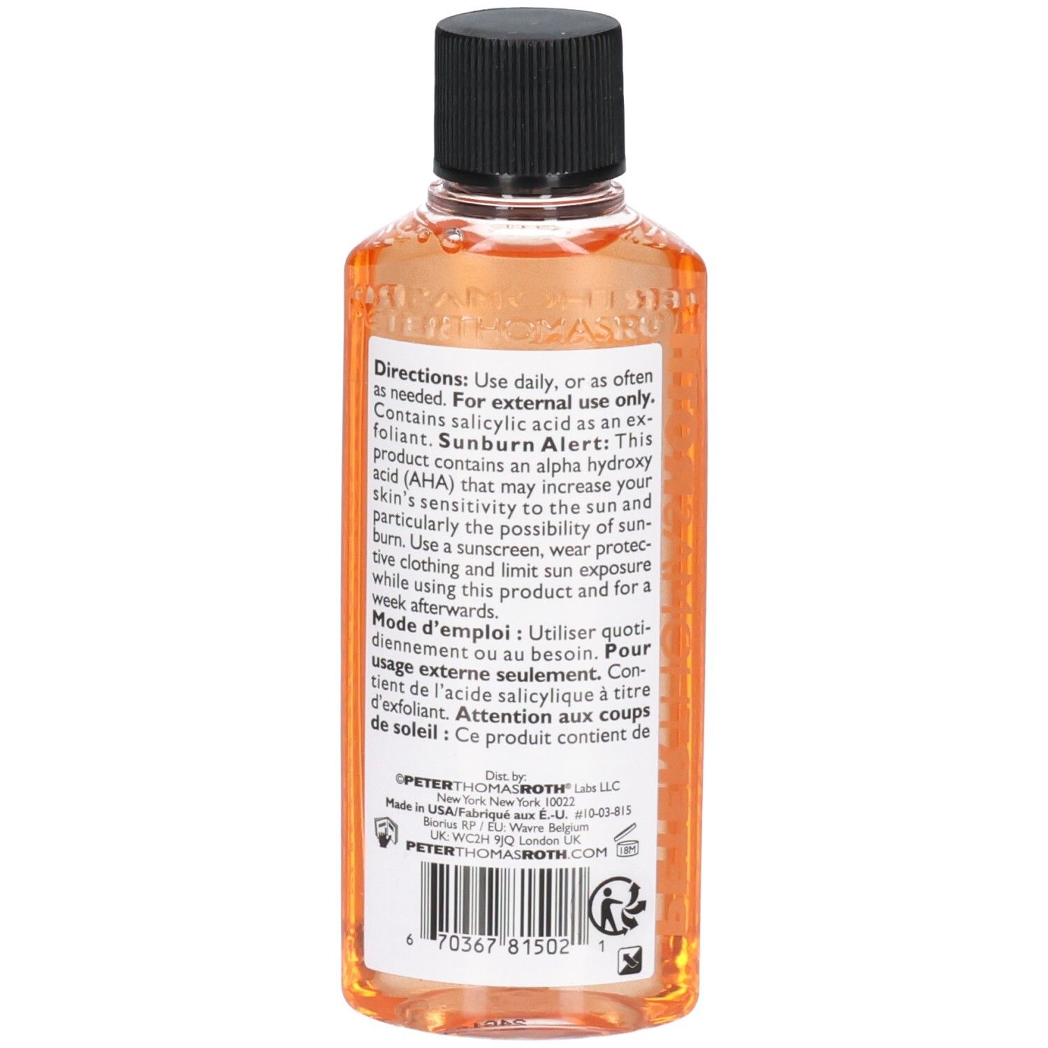 Gel Nettoyant Anti-Âge Peter Thomas Roth, 57 ml. Arrière du flacon avec instructions d'utilisation.