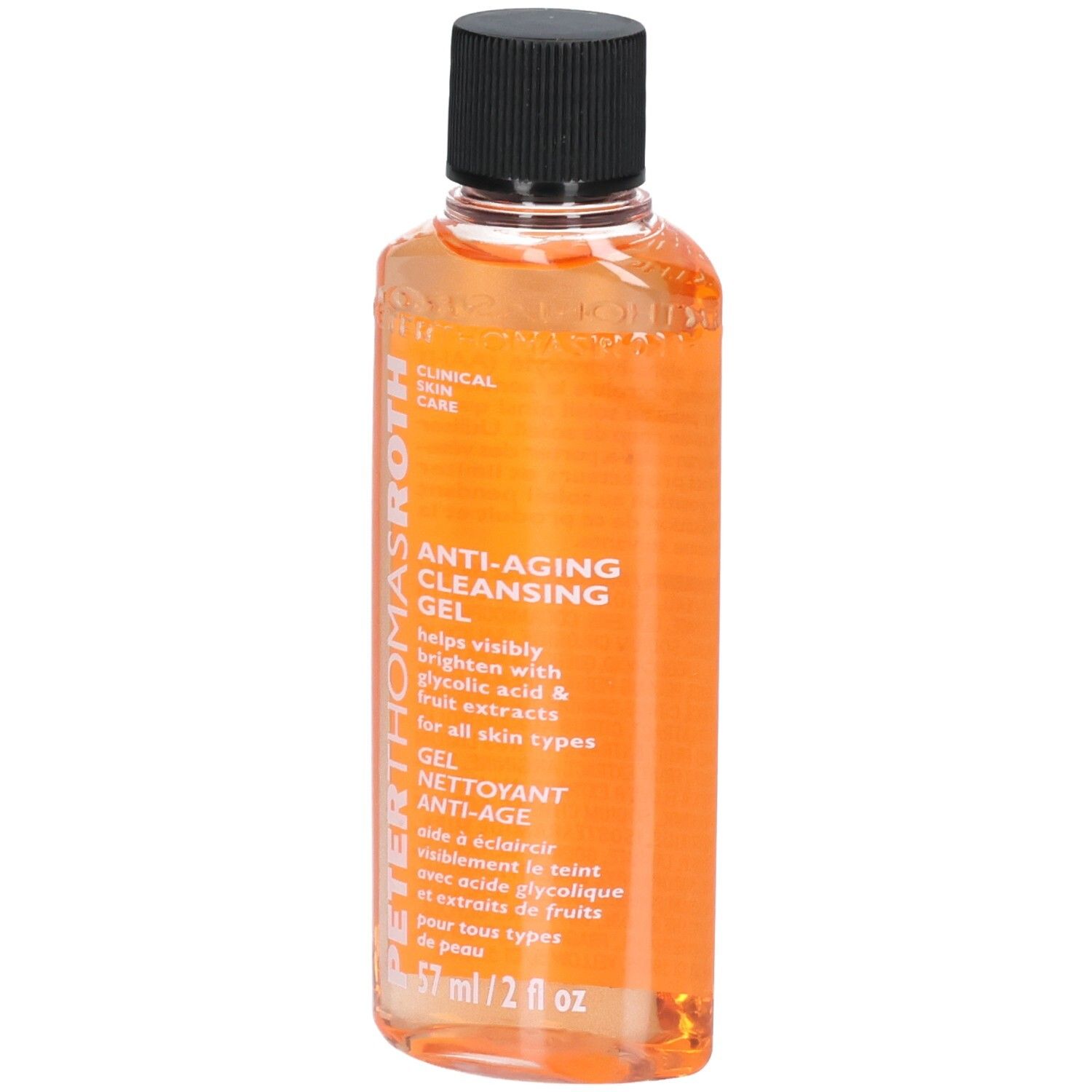 Gel Nettoyant Anti-Âge Peter Thomas Roth, 57 ml. Gel orange dans une bouteille transparente avec un bouchon noir.