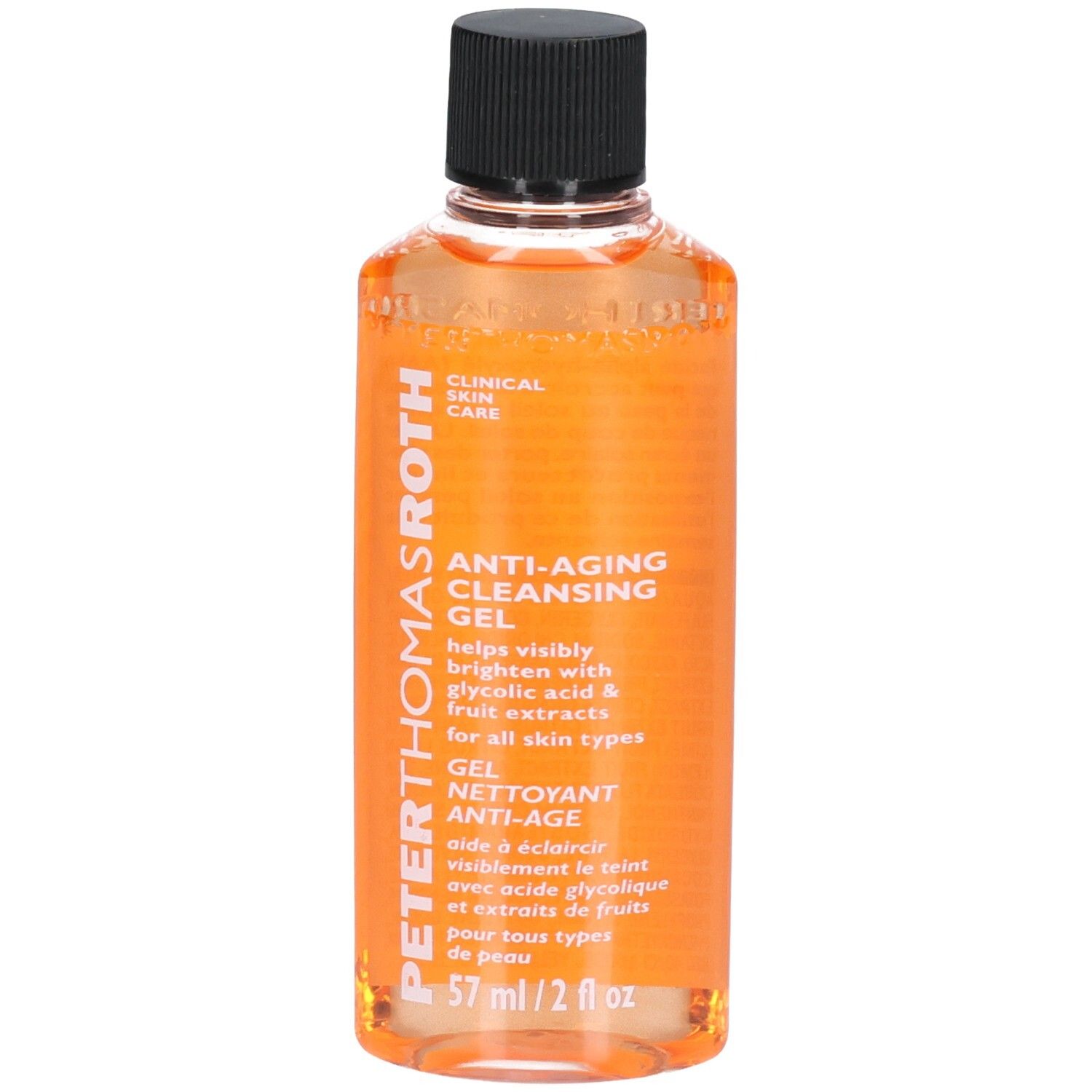 Gel Nettoyant Anti-Âge Peter Thomas Roth, 57 ml. Gel orange dans une bouteille transparente avec un bouchon noir.