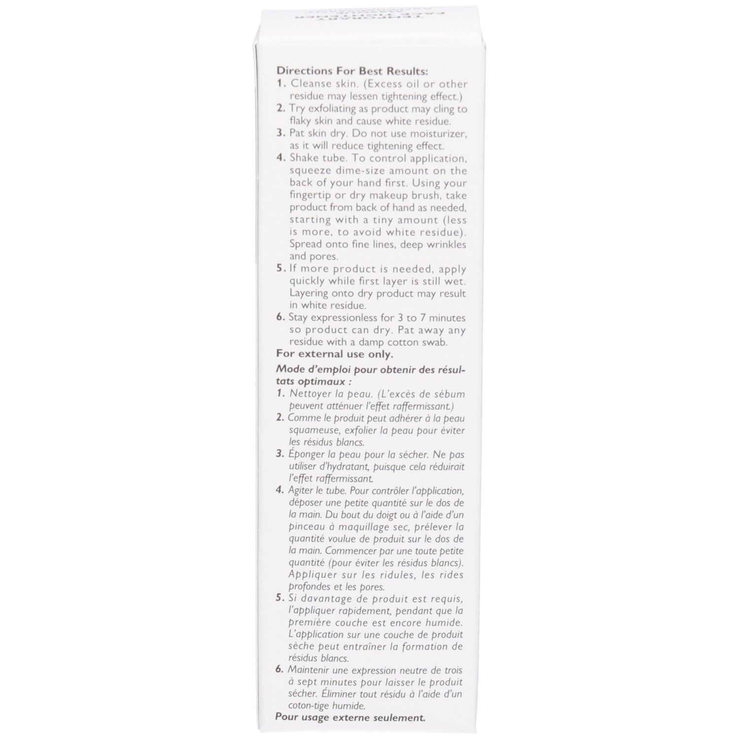 Vue latérale de l'emballage du produit avec instructions en plusieurs langues.